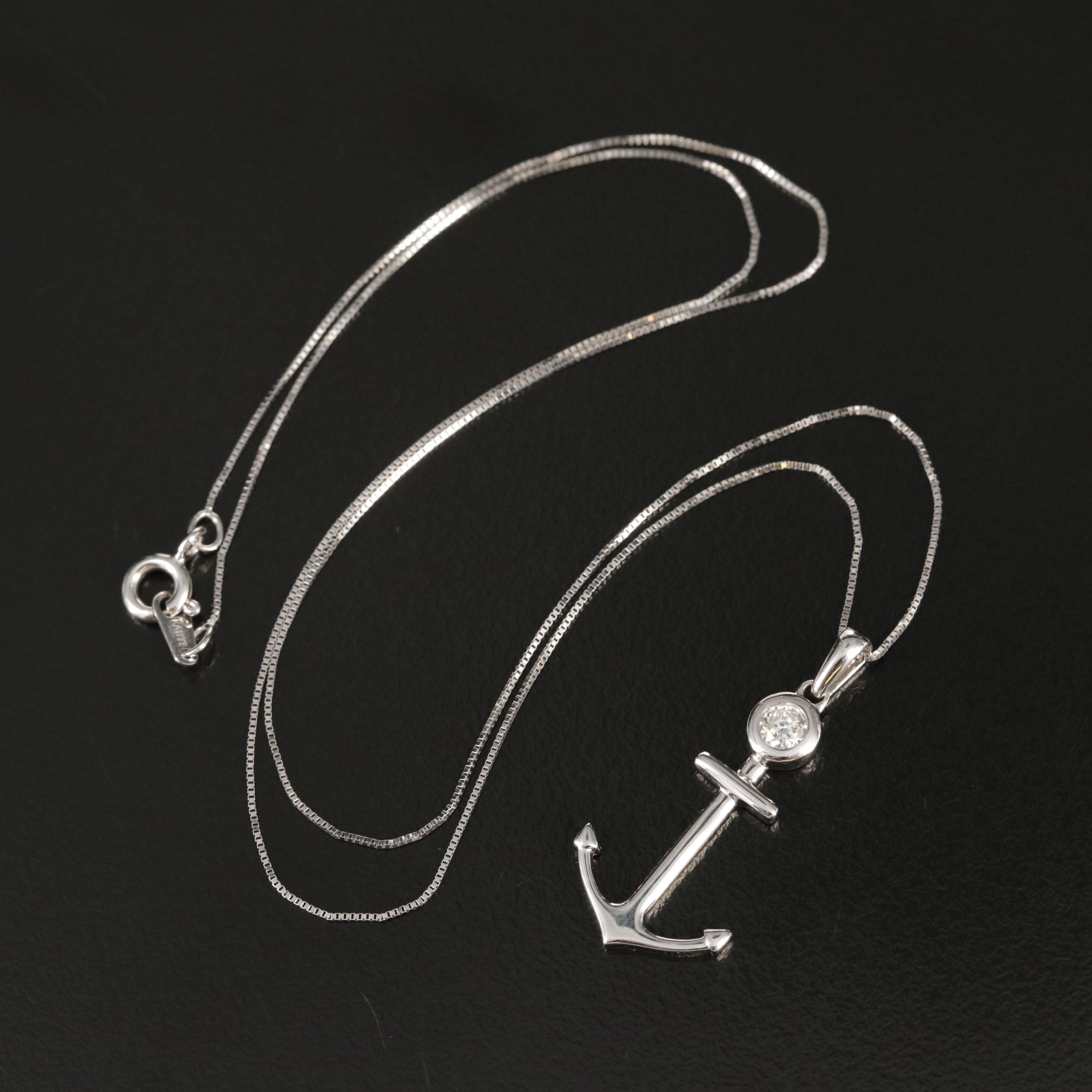 14K 0.18 CT Diamond Anchor Pendant Necklace