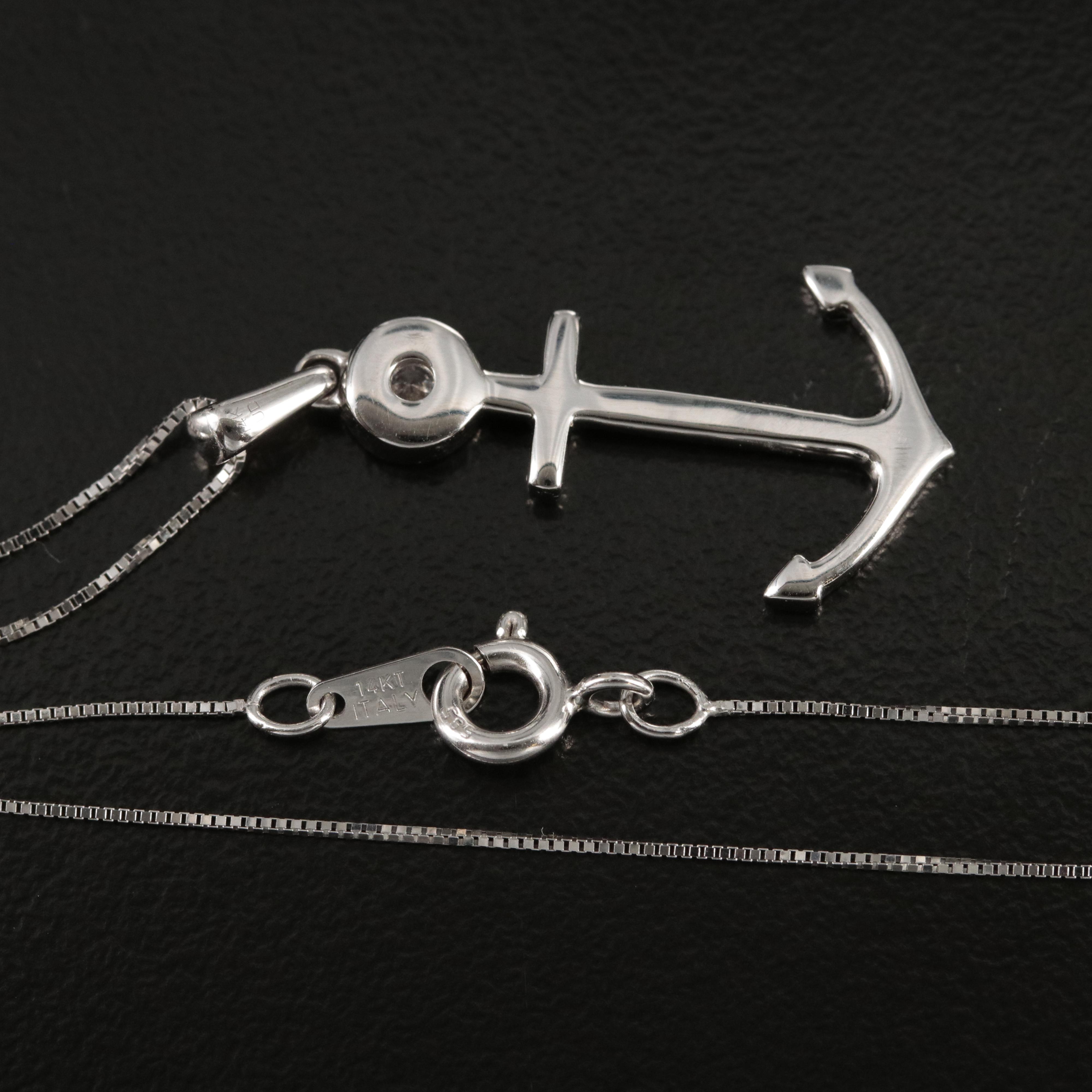 14K 0.18 CT Diamond Anchor Pendant Necklace