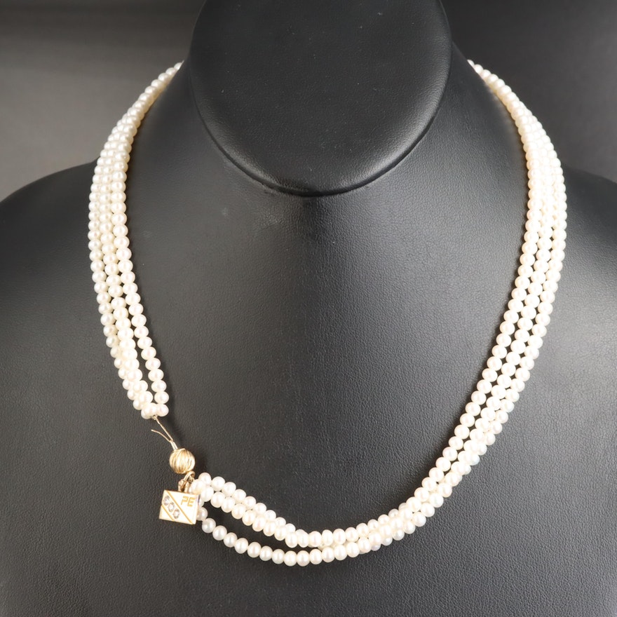 Triple-Strand Pearl Necklace with 14K Clasp and Diamond Charm