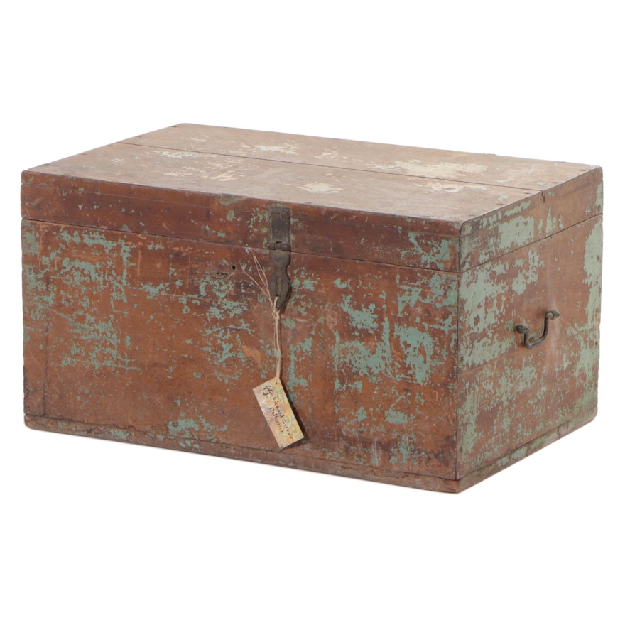 Indian Painted Teak Lift Top Trunk with Fitted Interior, Early 20th Century