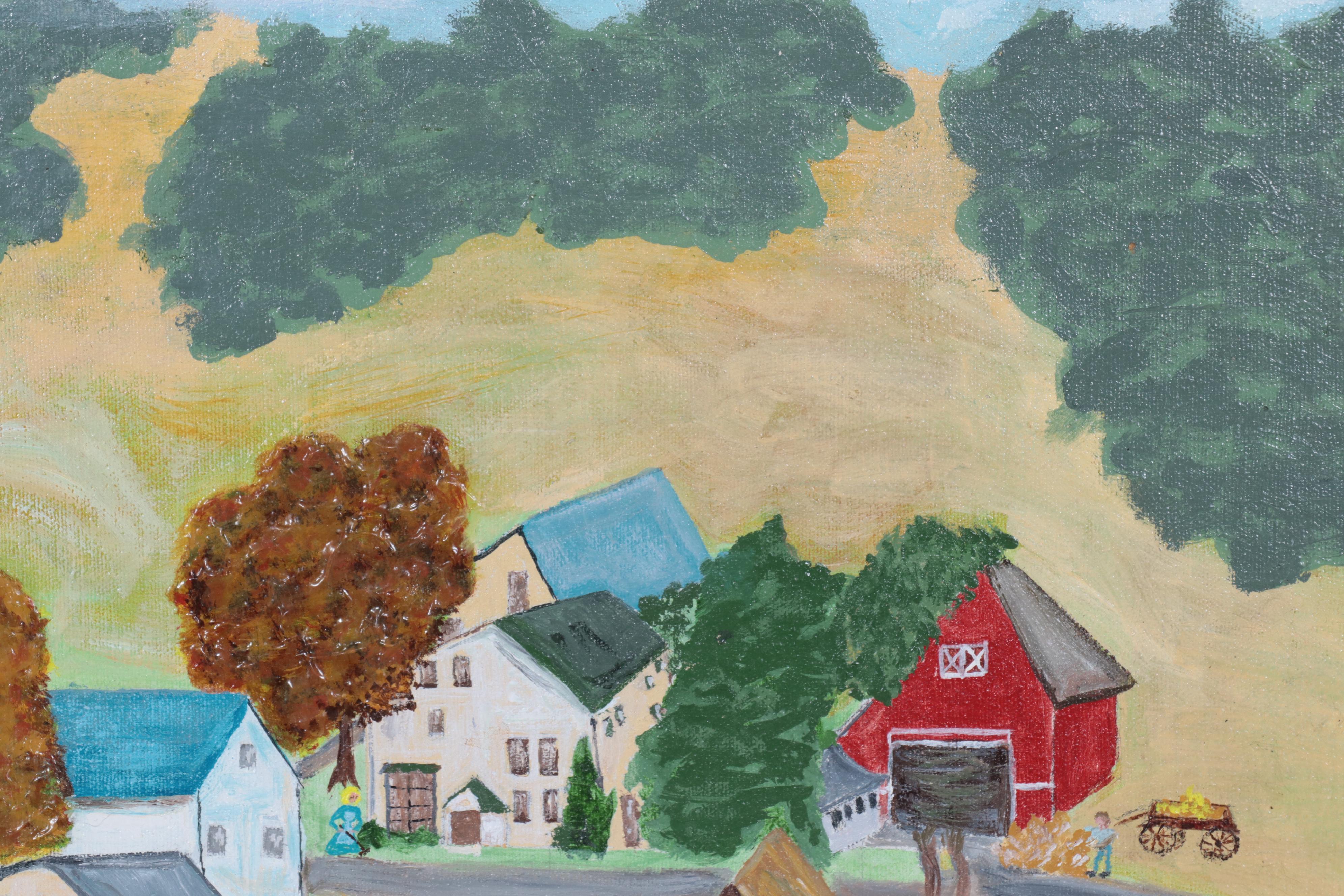 Folk Townscape Acrylic Painting, 1975