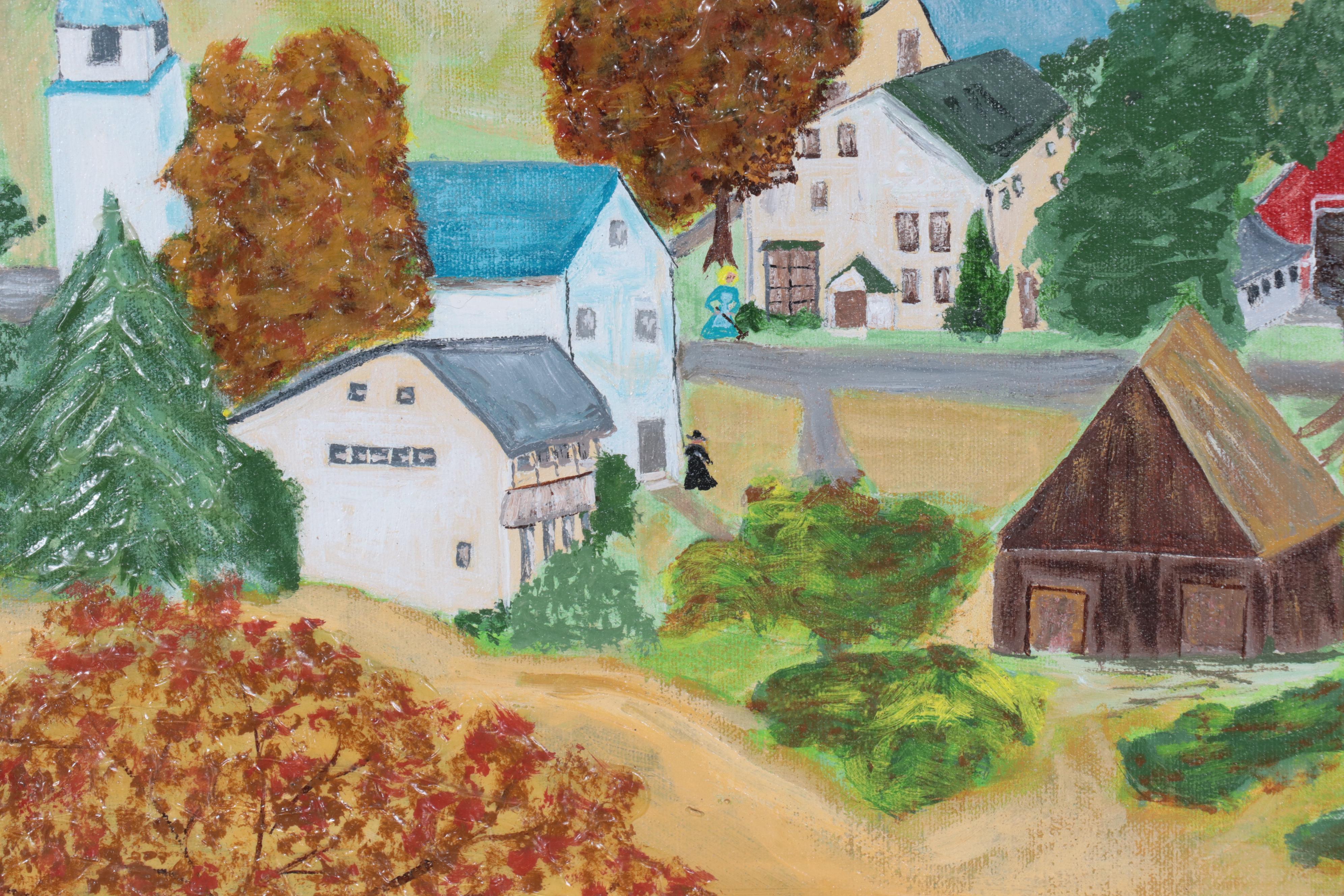 Folk Townscape Acrylic Painting, 1975