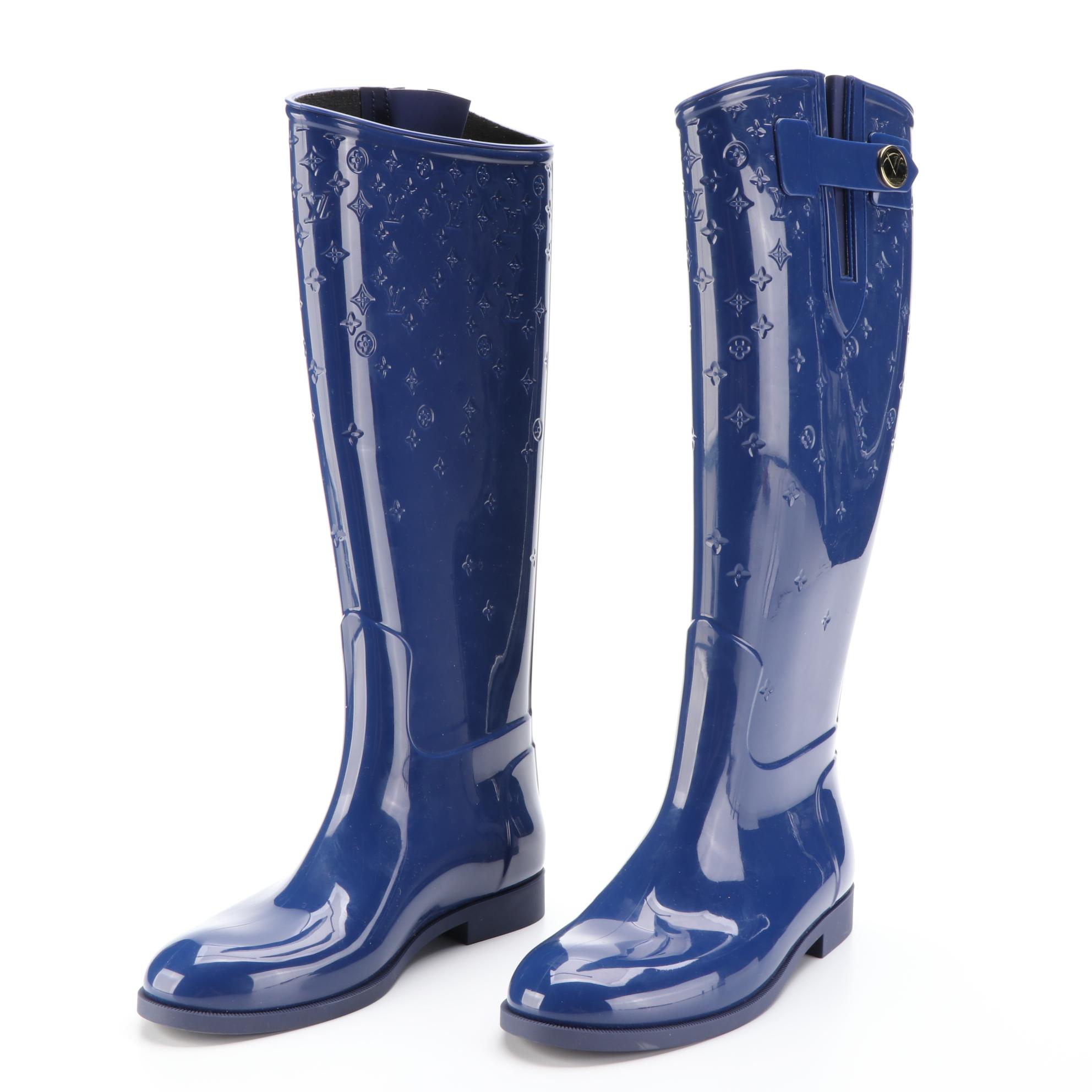 Louis Vuitton Rain Boots in Monogram-Embossed Blue Rubber