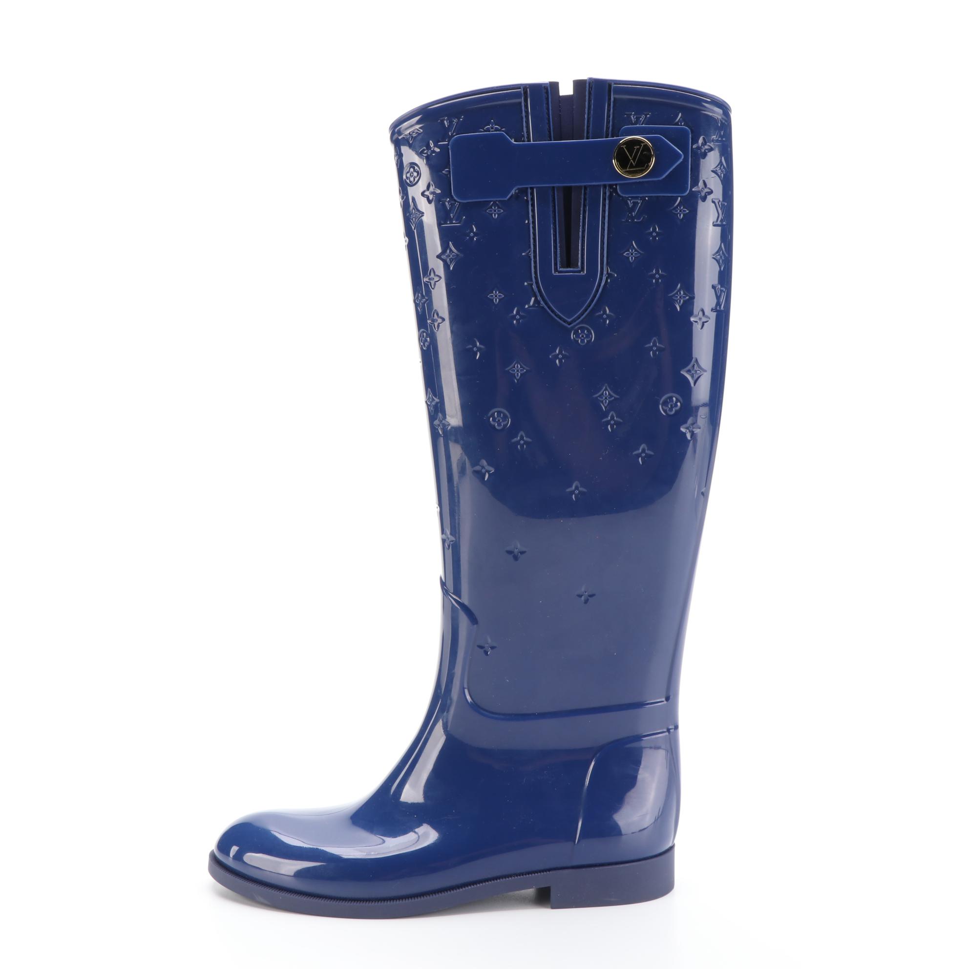 Louis Vuitton Rain Boots in Monogram-Embossed Blue Rubber