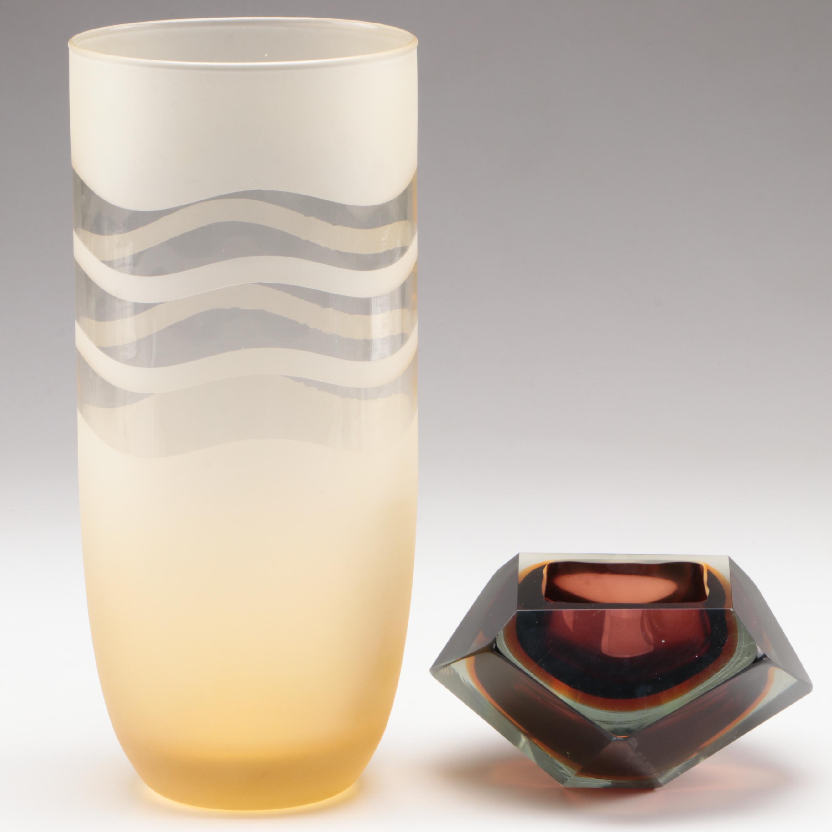 Murano Style Faceted Cut Sommerso Glass Bowl with Frosted and Clear Glass Vase