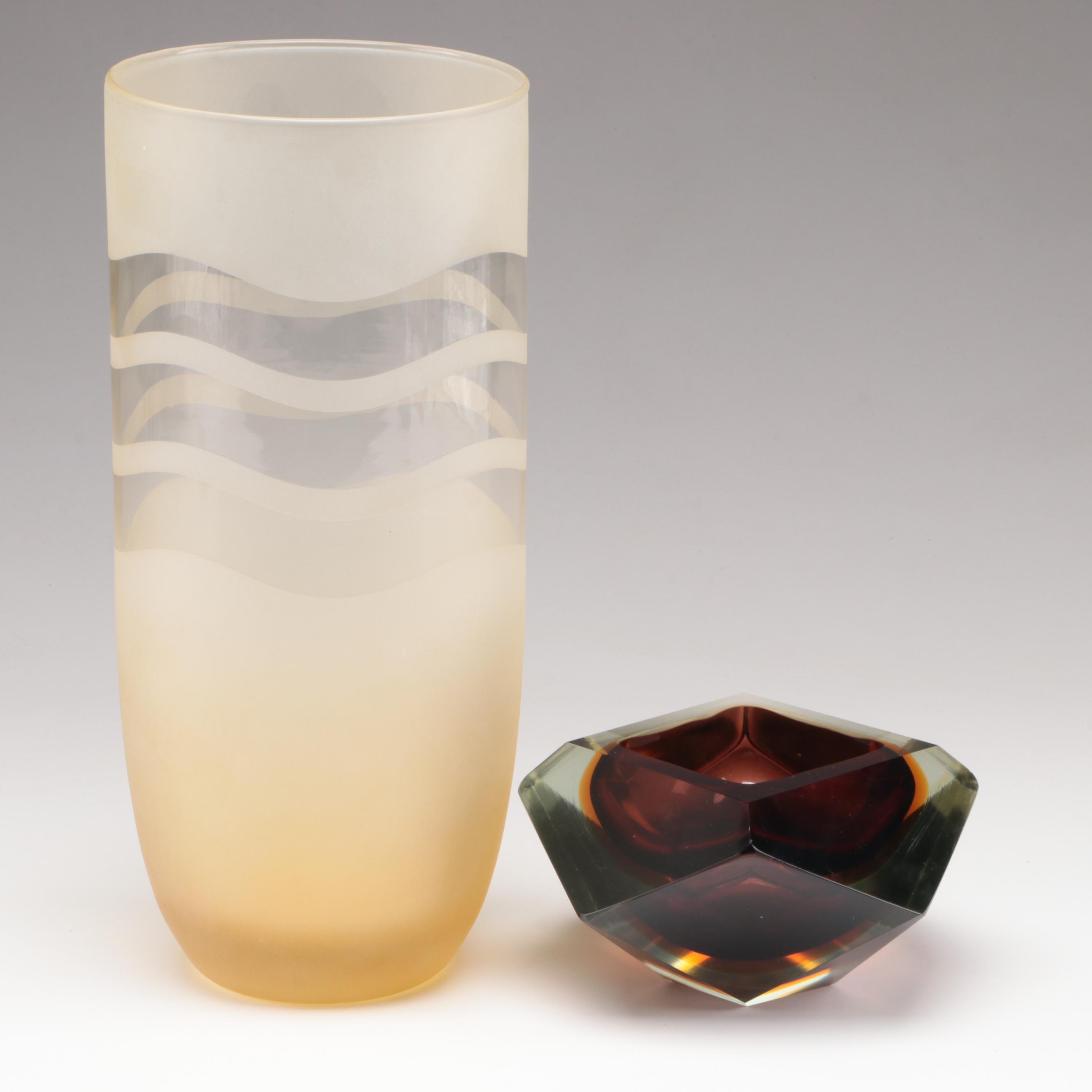 Murano Style Faceted Cut Sommerso Glass Bowl with Frosted and Clear Glass Vase