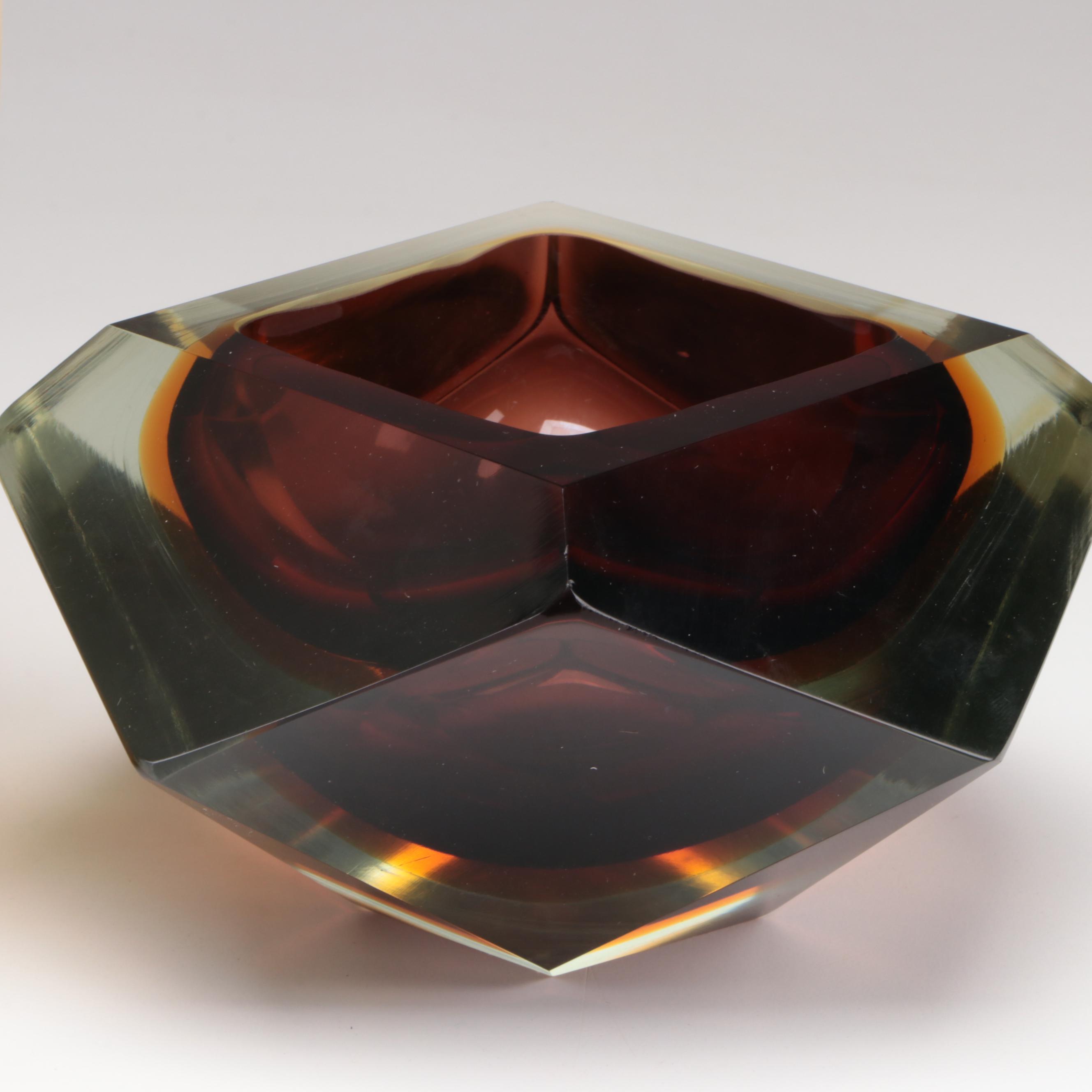 Murano Style Faceted Cut Sommerso Glass Bowl with Frosted and Clear Glass Vase