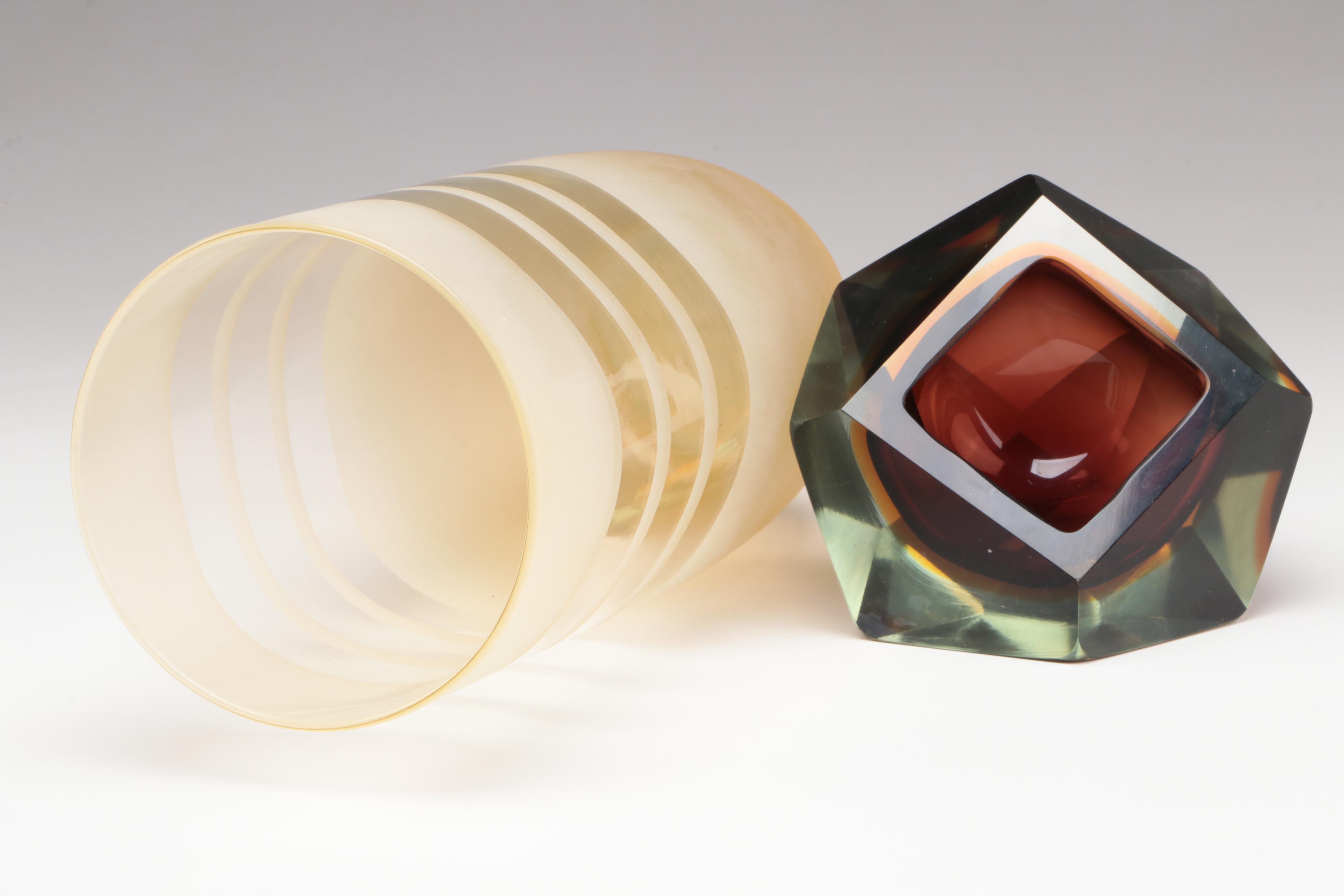 Murano Style Faceted Cut Sommerso Glass Bowl with Frosted and Clear Glass Vase