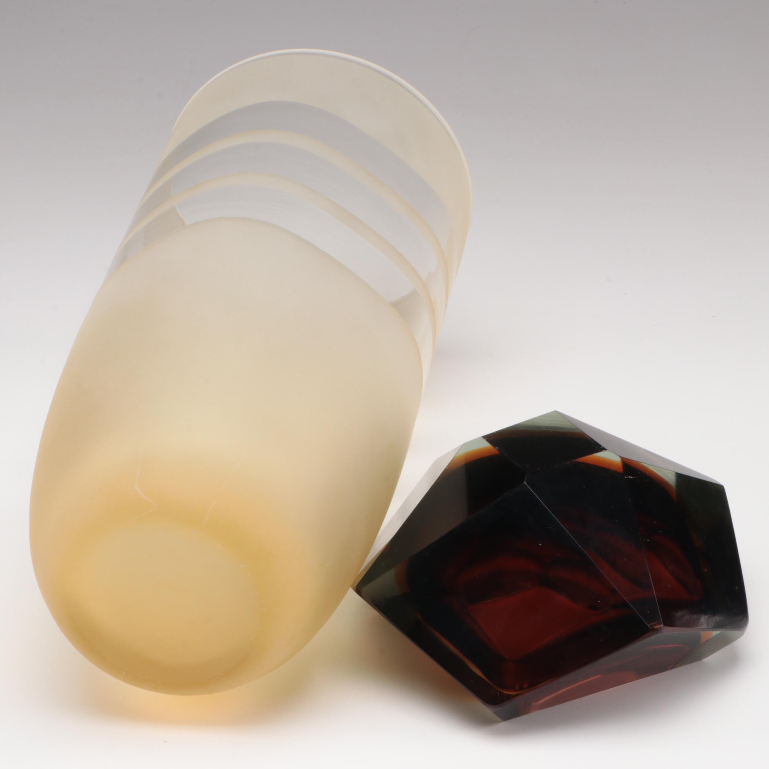 Murano Style Faceted Cut Sommerso Glass Bowl with Frosted and Clear Glass Vase