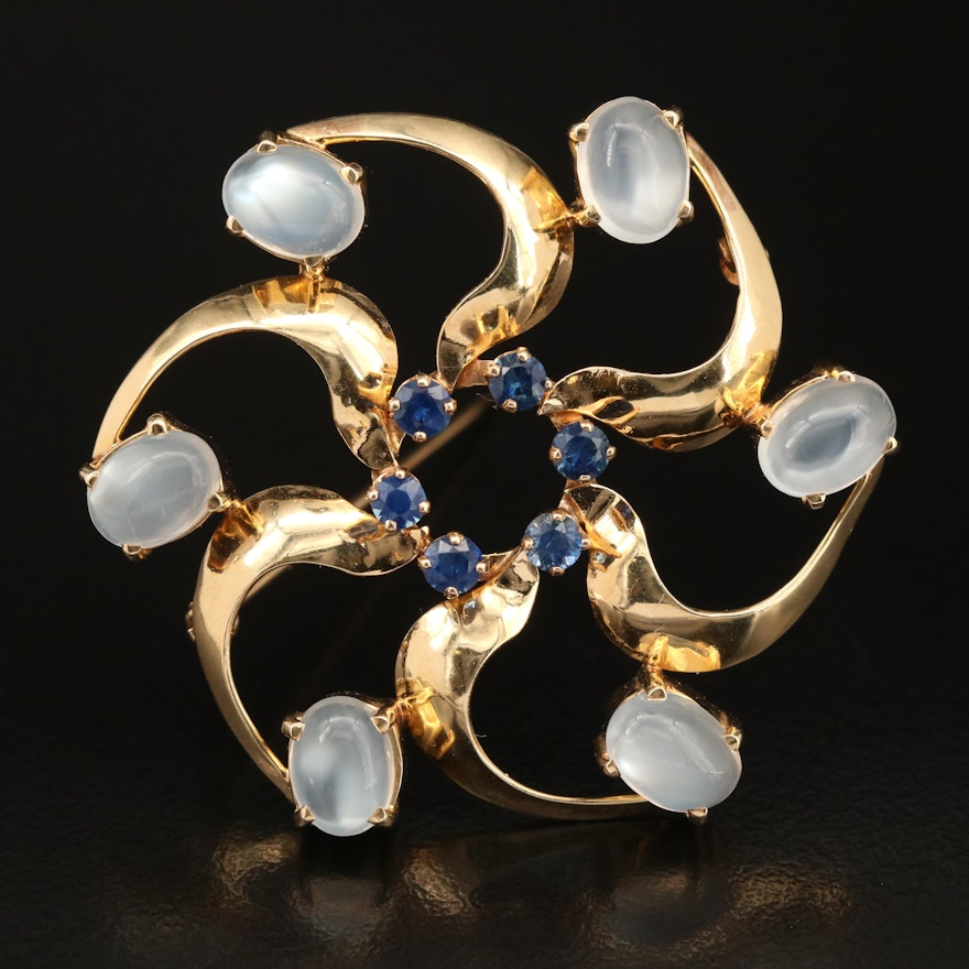 14K Moonstone and Sapphire Brooch