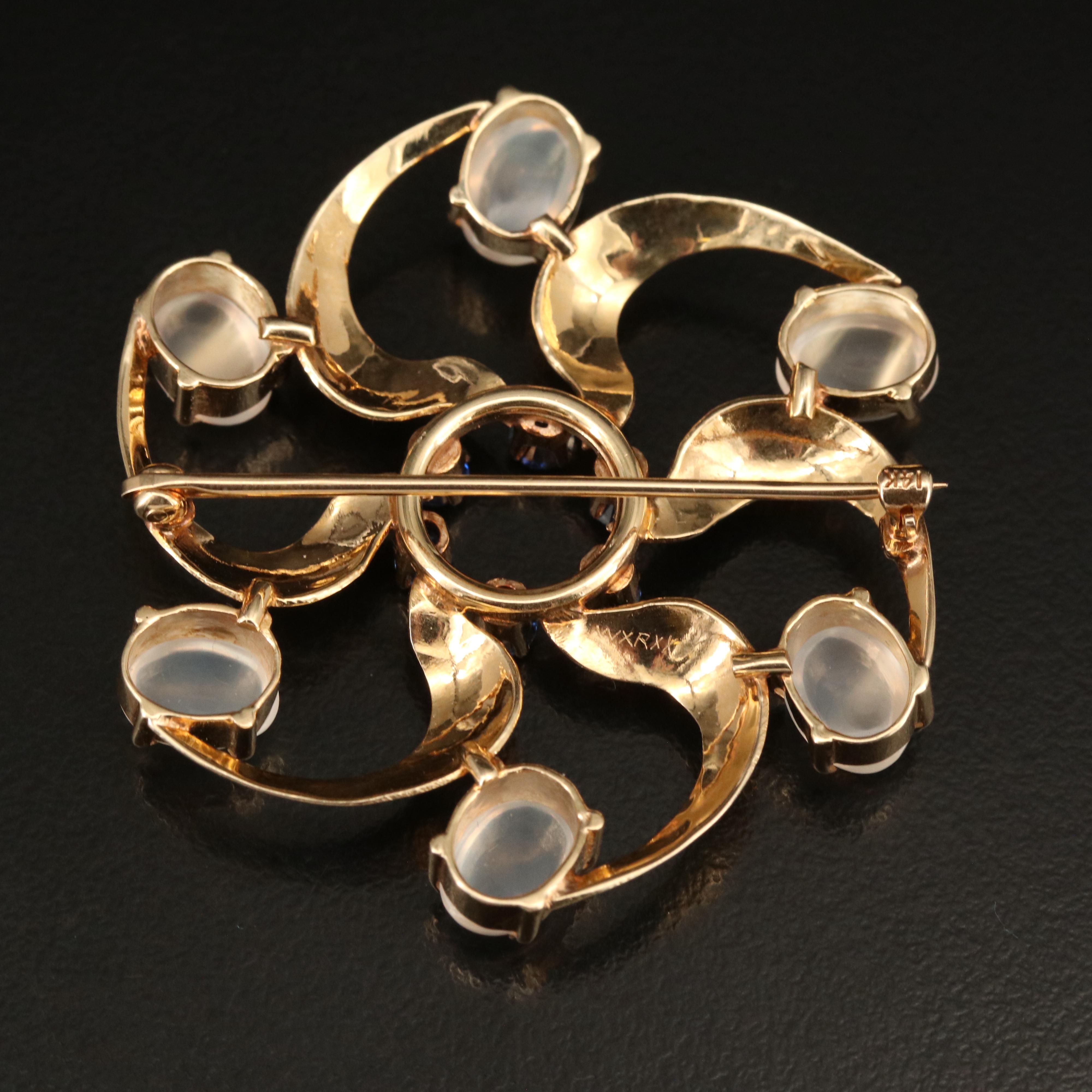 14K Moonstone and Sapphire Brooch