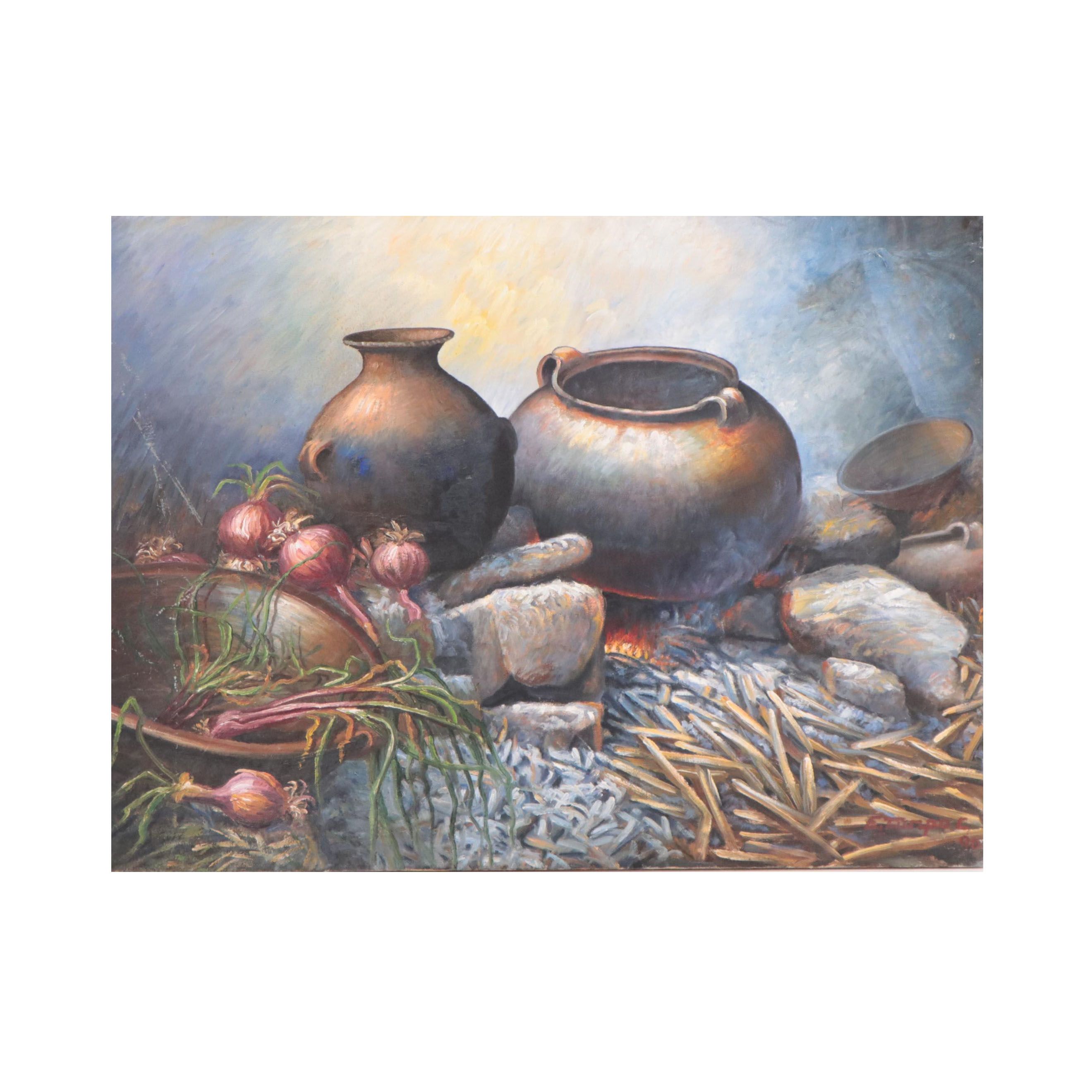 Emilio Turpoc Oil Painting of Still Life "Olla De Barro," 1990