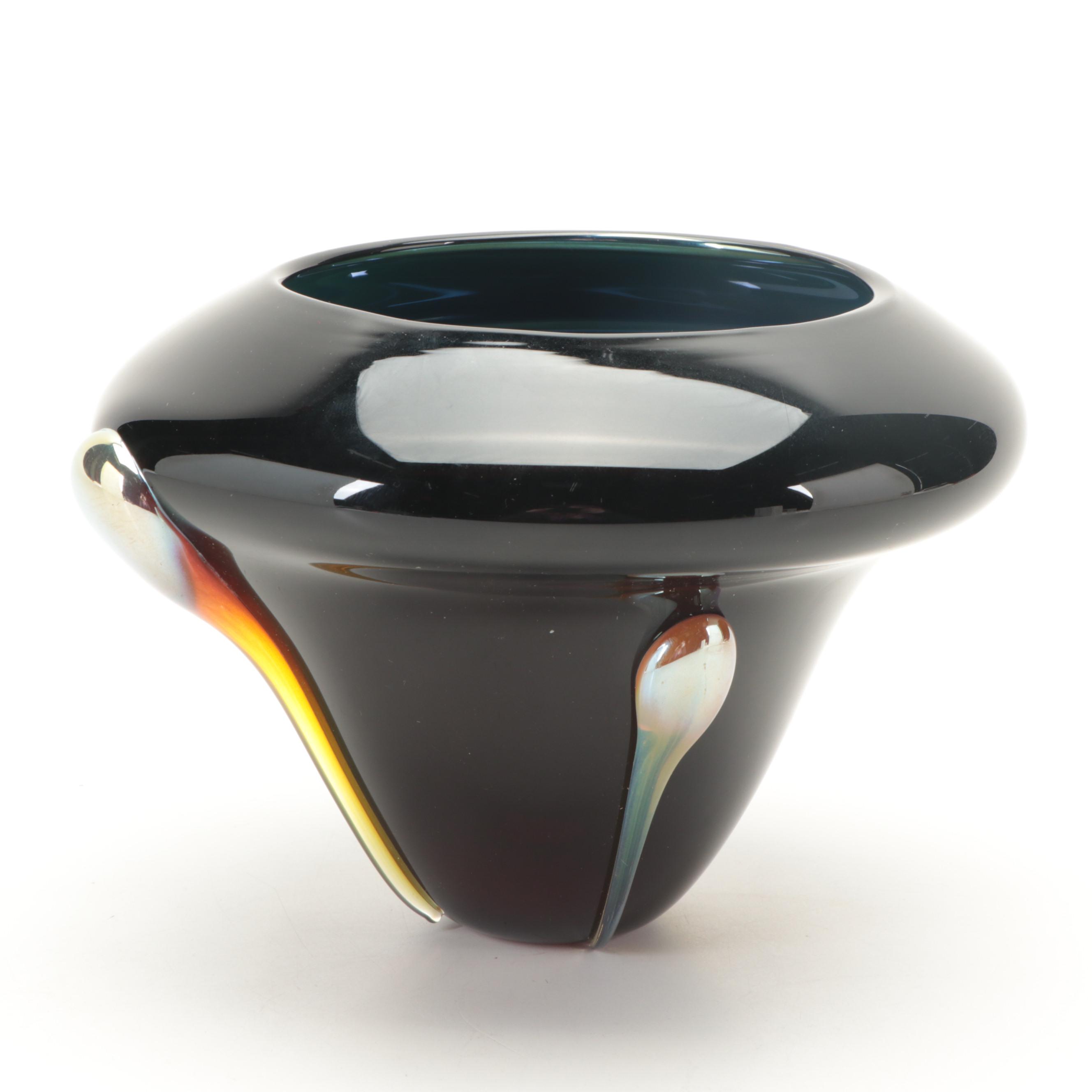 Artist Signed Blown Cased Black with Iridescent Applied Teardrops Art Glass Vase