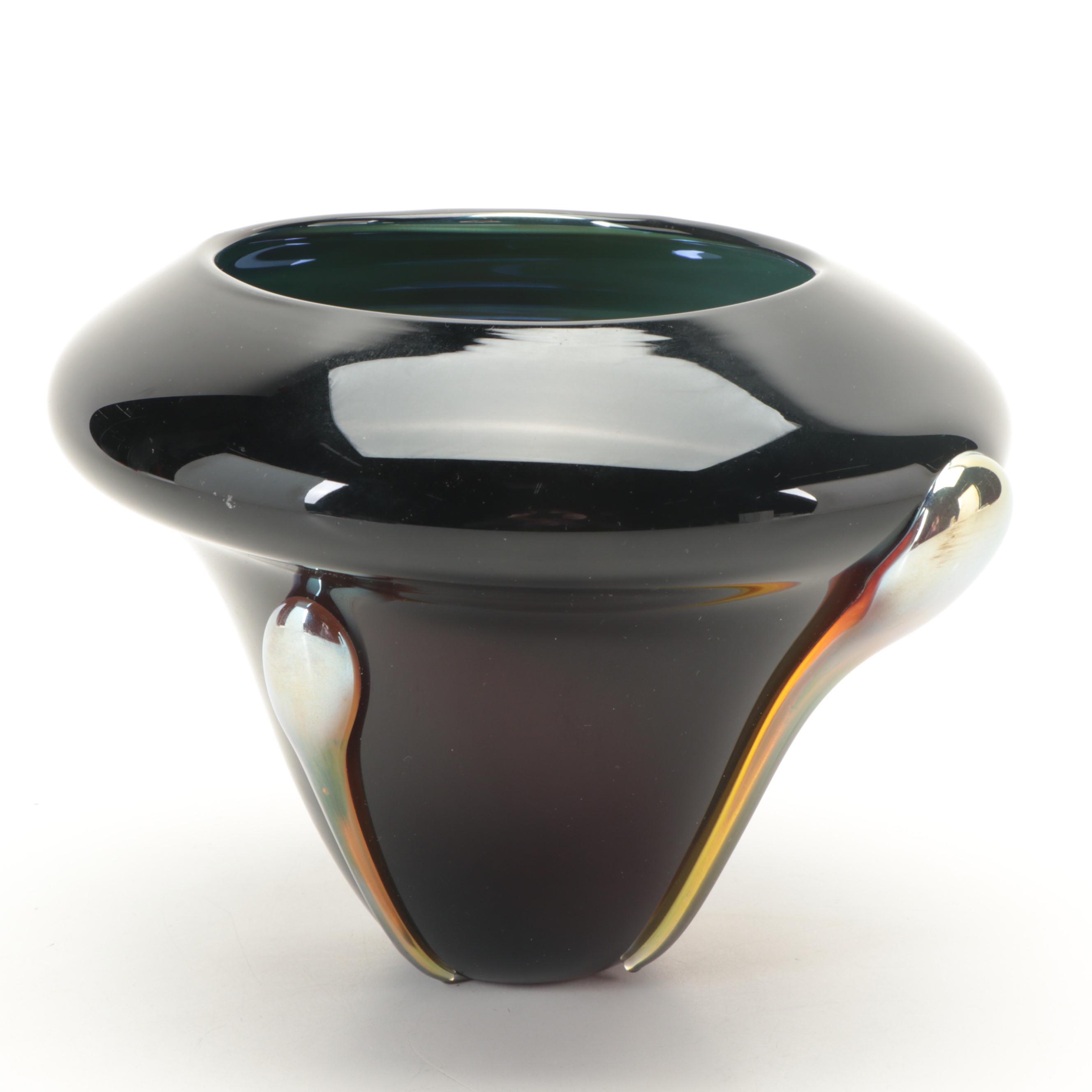 Artist Signed Blown Cased Black with Iridescent Applied Teardrops Art Glass Vase