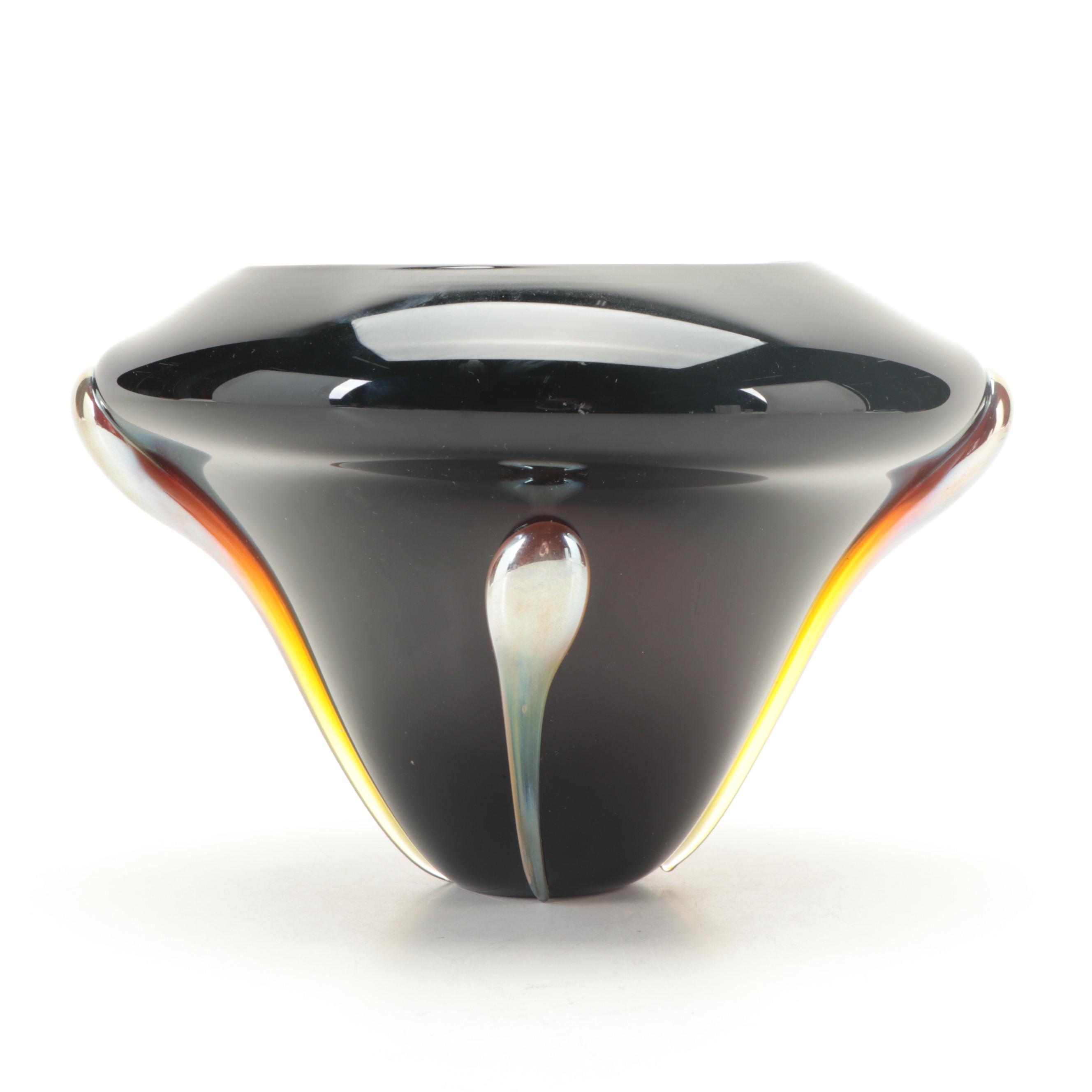 Artist Signed Blown Cased Black with Iridescent Applied Teardrops Art Glass Vase