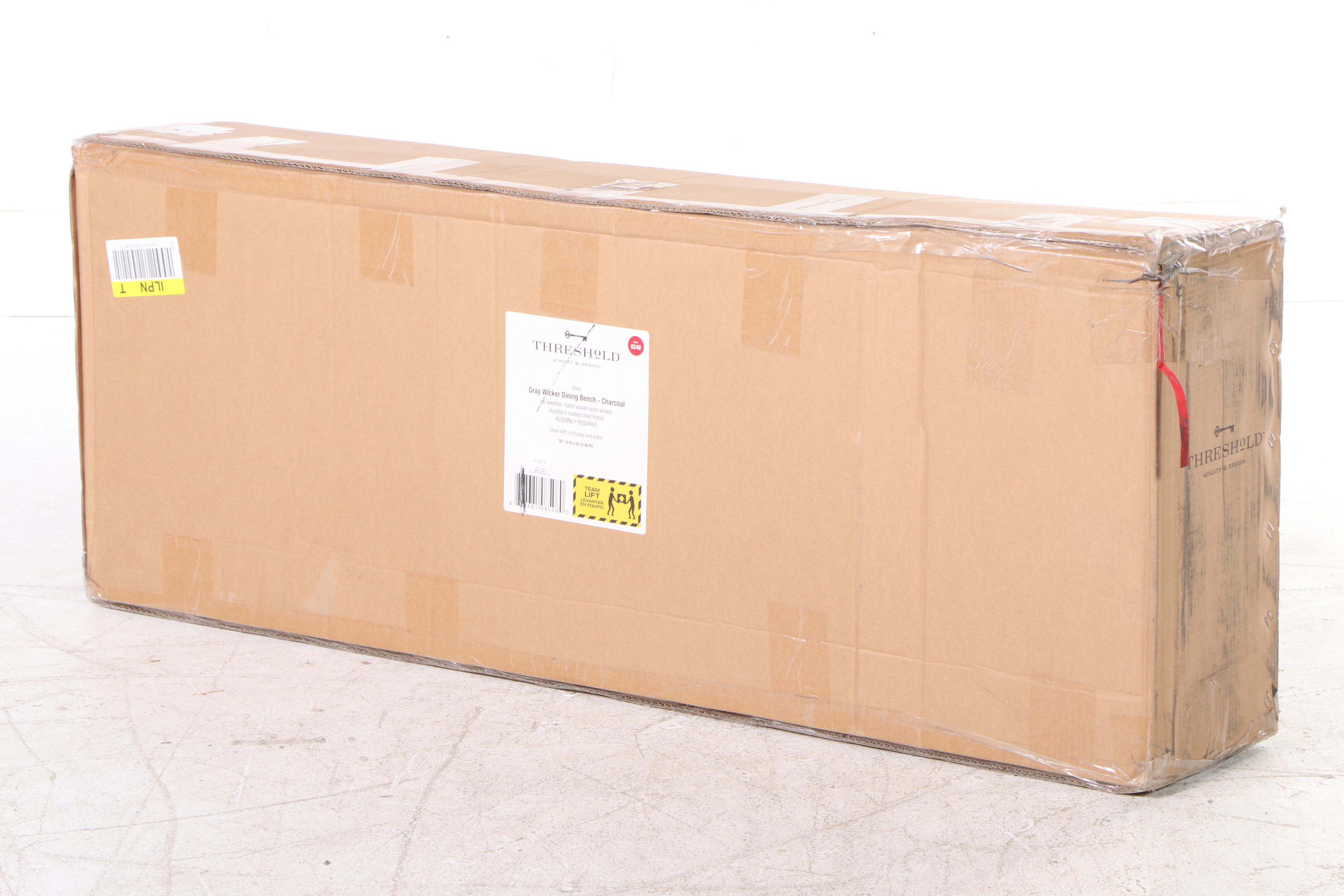 Threshold Eliot Gray Wicker Patio Dining Bench with Charcoal Cushion