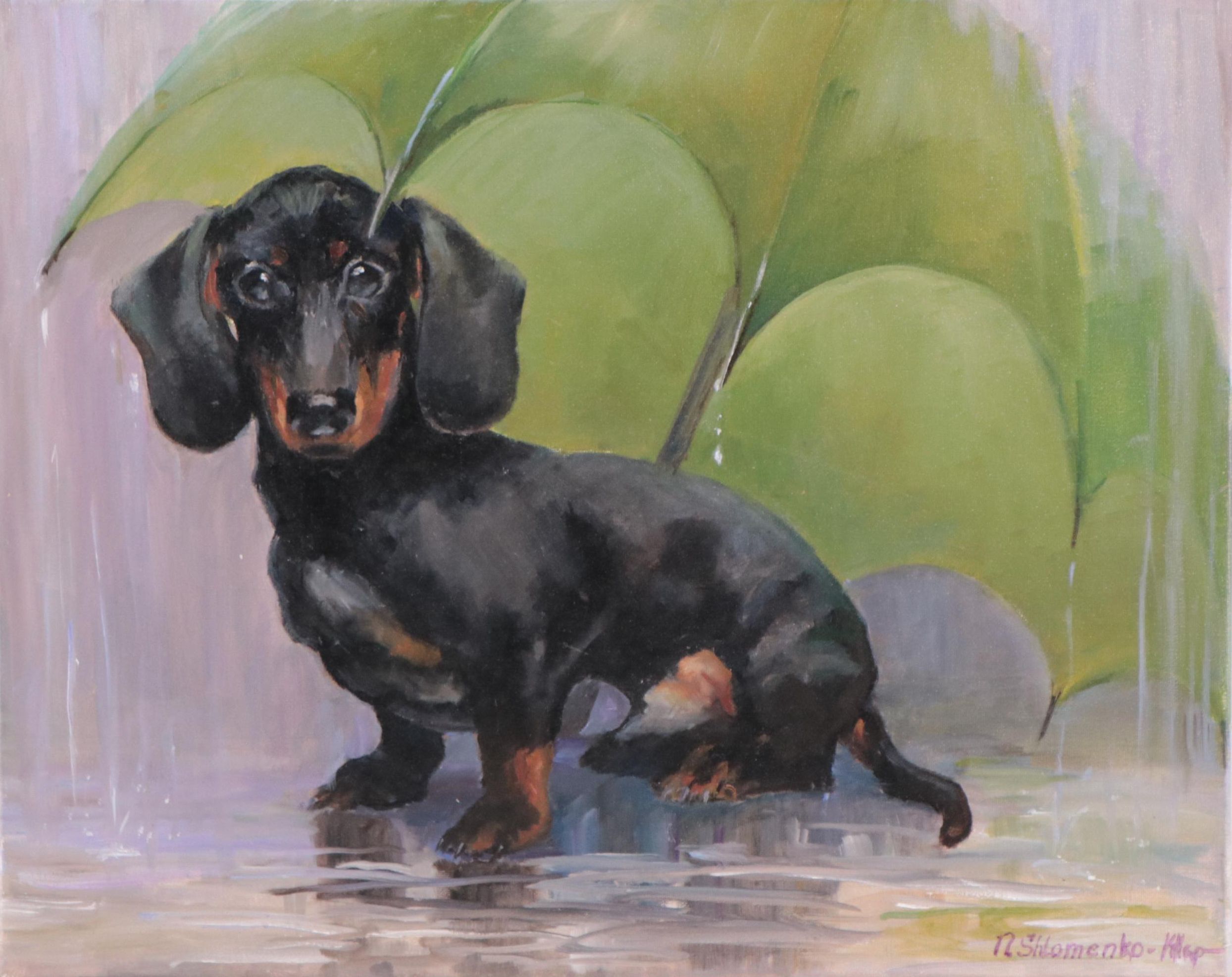 Nataliya Shlomenko Oil Painting of Dachshund "Under An Umbrella," 2022