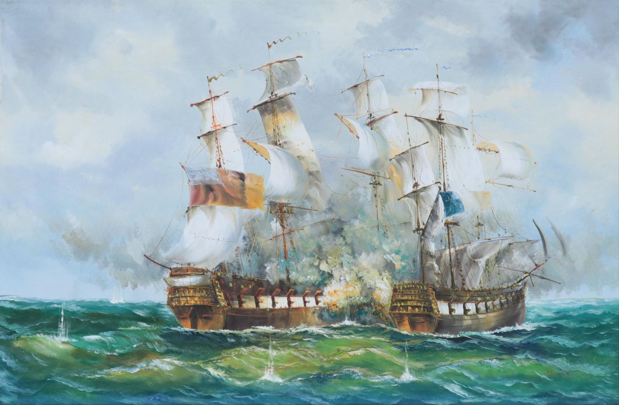Maritime Oil Painting of Battle on the Sea