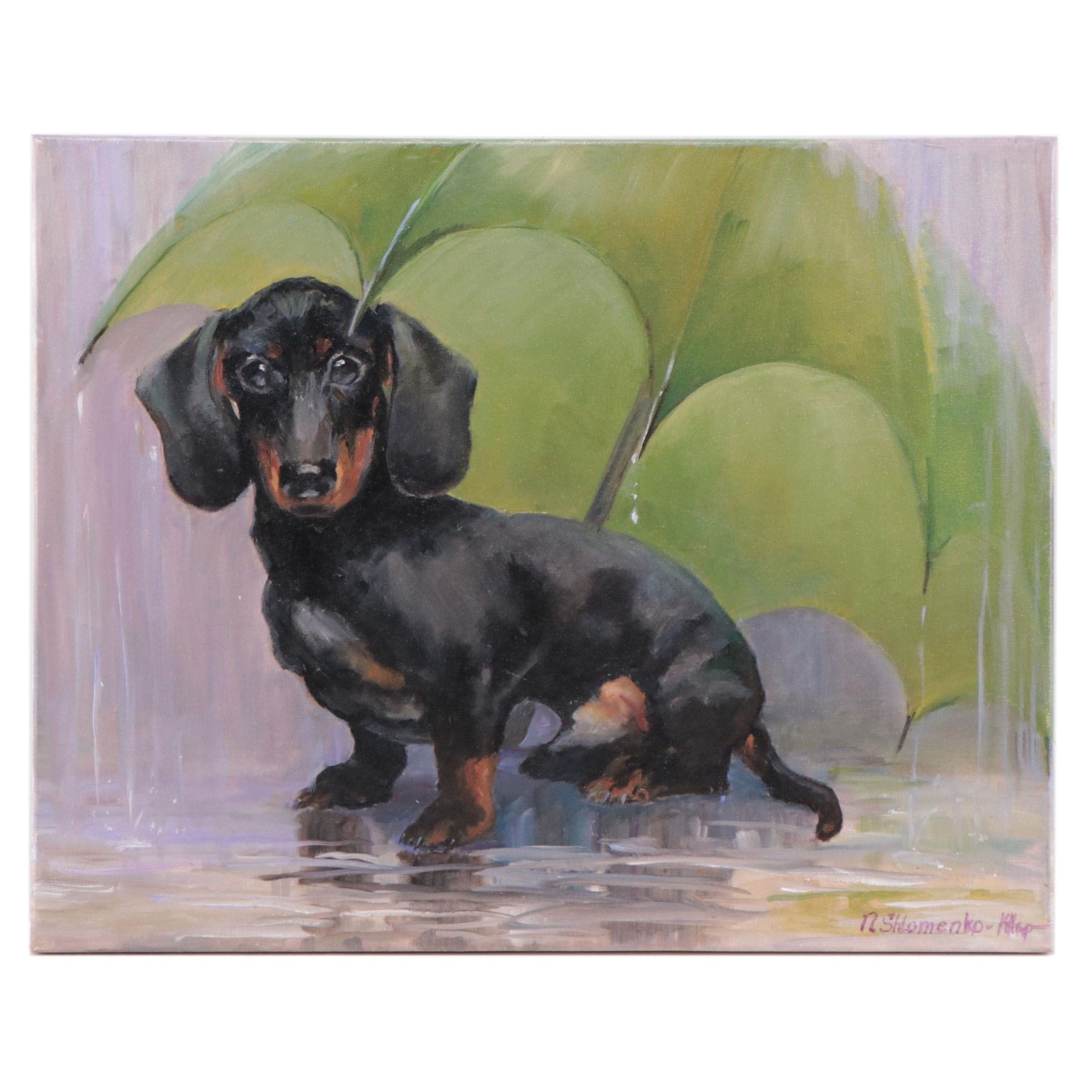 Nataliya Shlomenko Oil Painting of Dachshund "Under An Umbrella," 2022