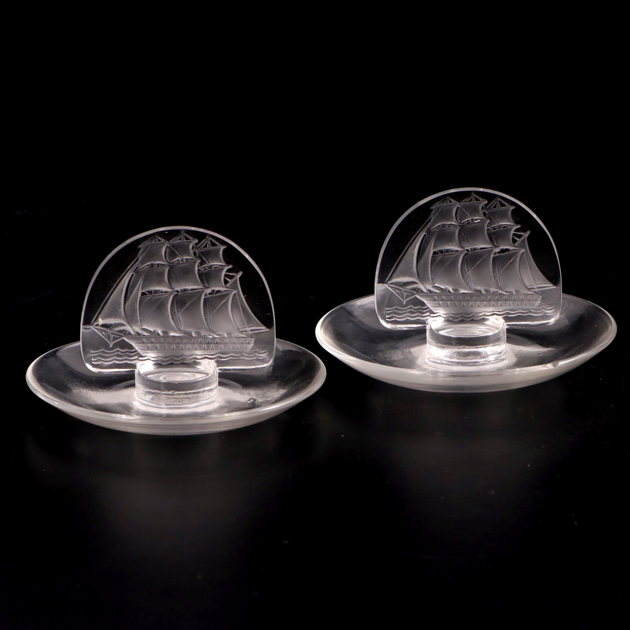 Lalique "Caravelle" Frosted and Clear Ship Motif Crystal Pin Trays