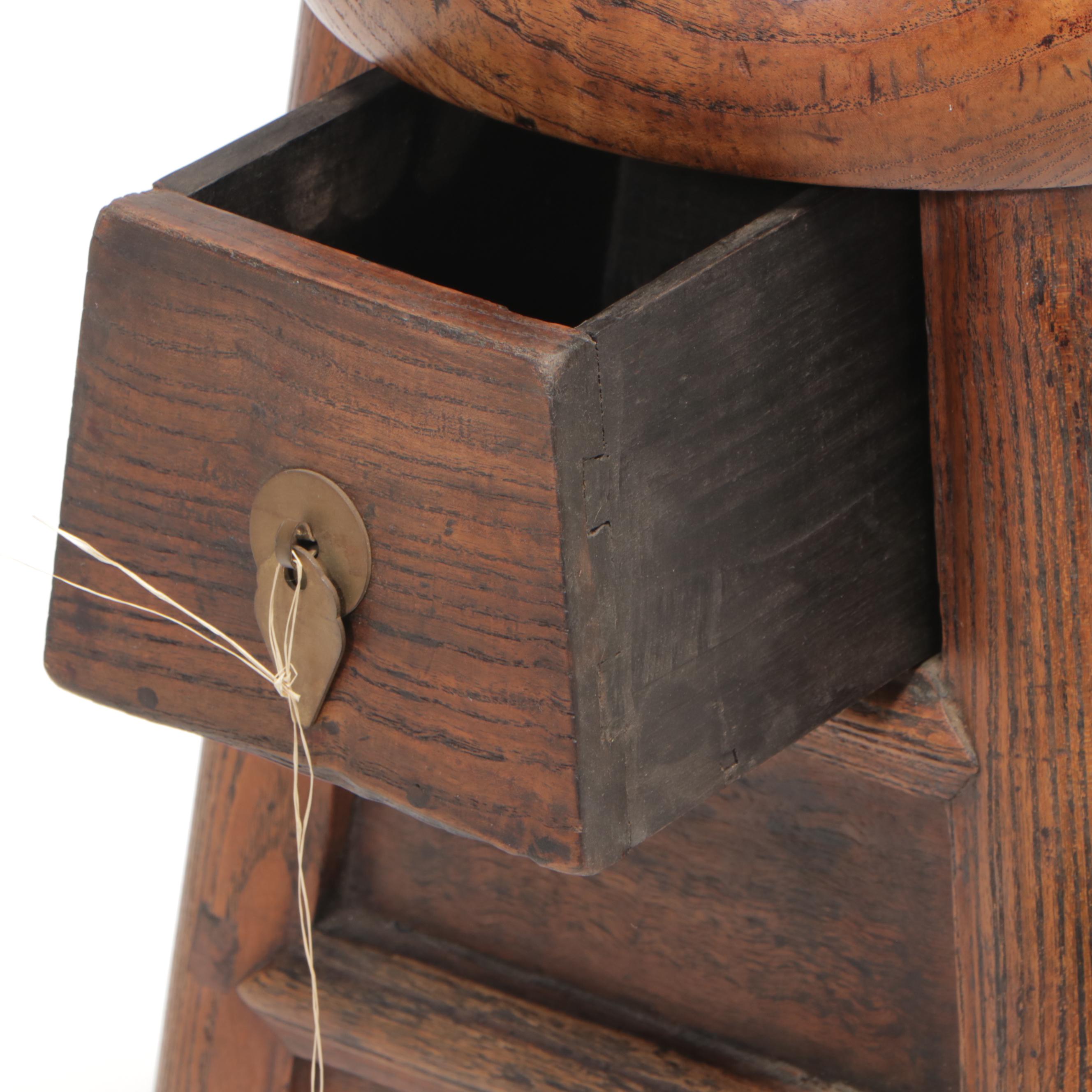 Chinese Elm Wood Merchant's Stool with Drawer, Mid-19th Century