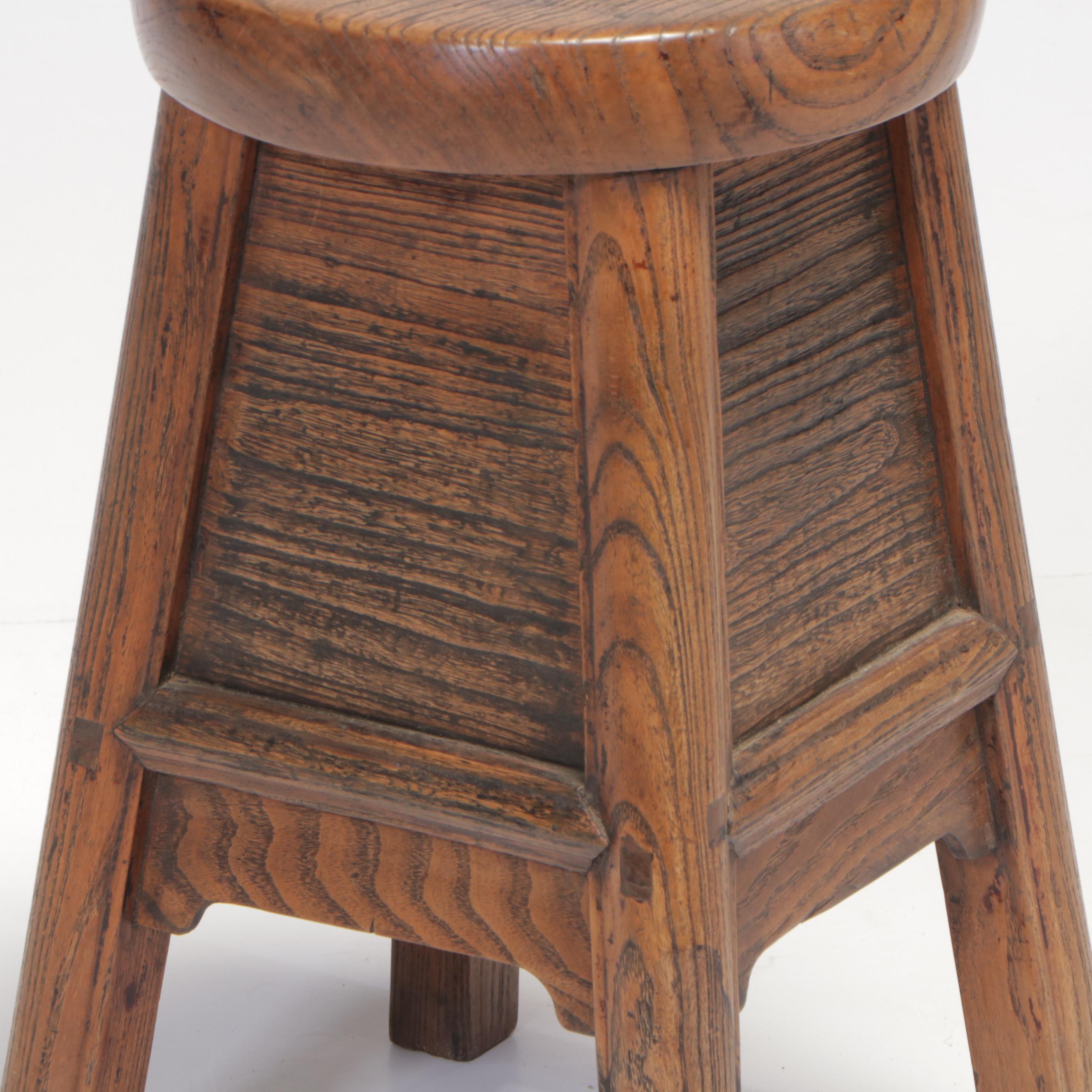 Chinese Elm Wood Merchant's Stool with Drawer, Mid-19th Century