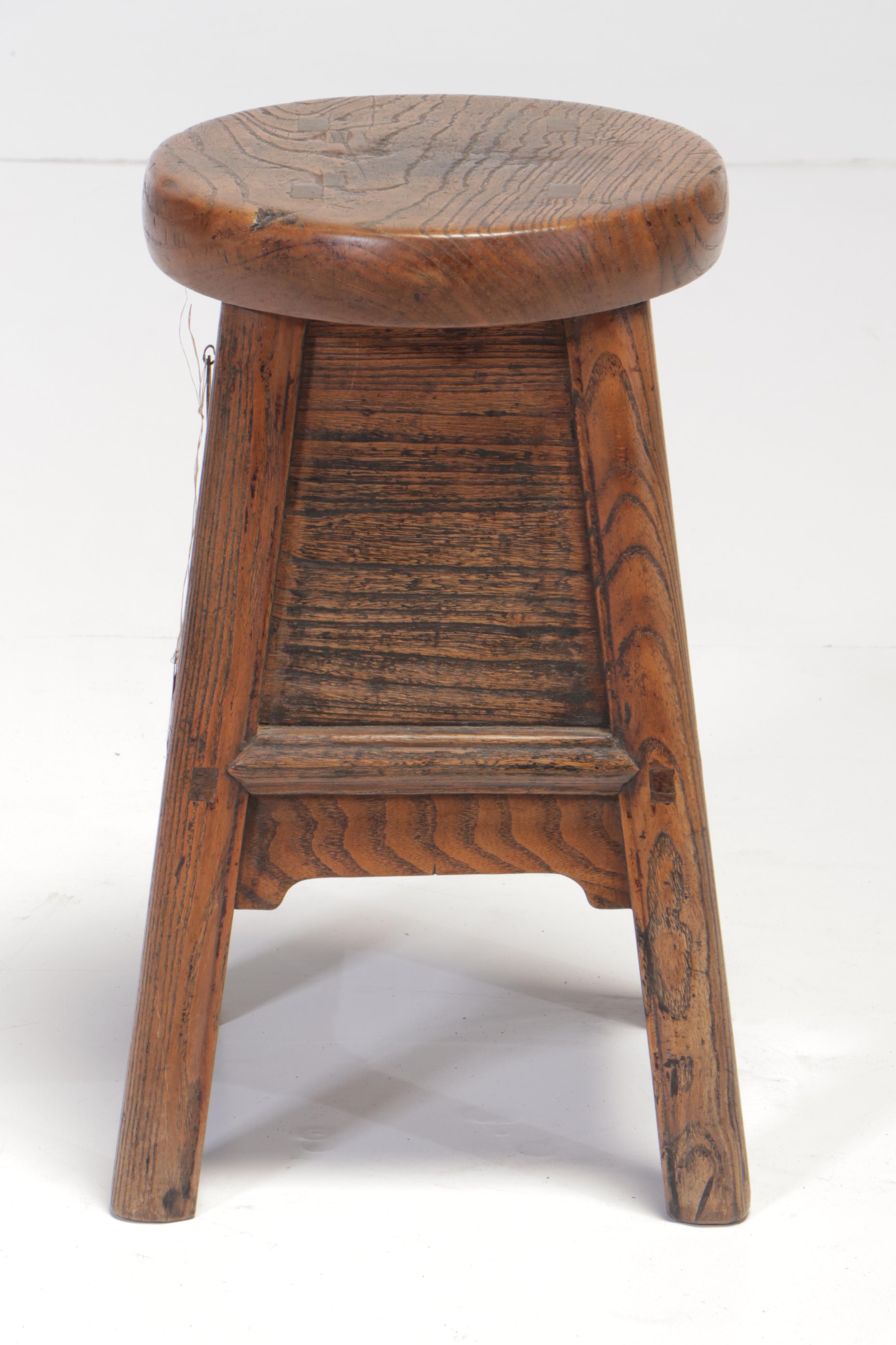 Chinese Elm Wood Merchant's Stool with Drawer, Mid-19th Century