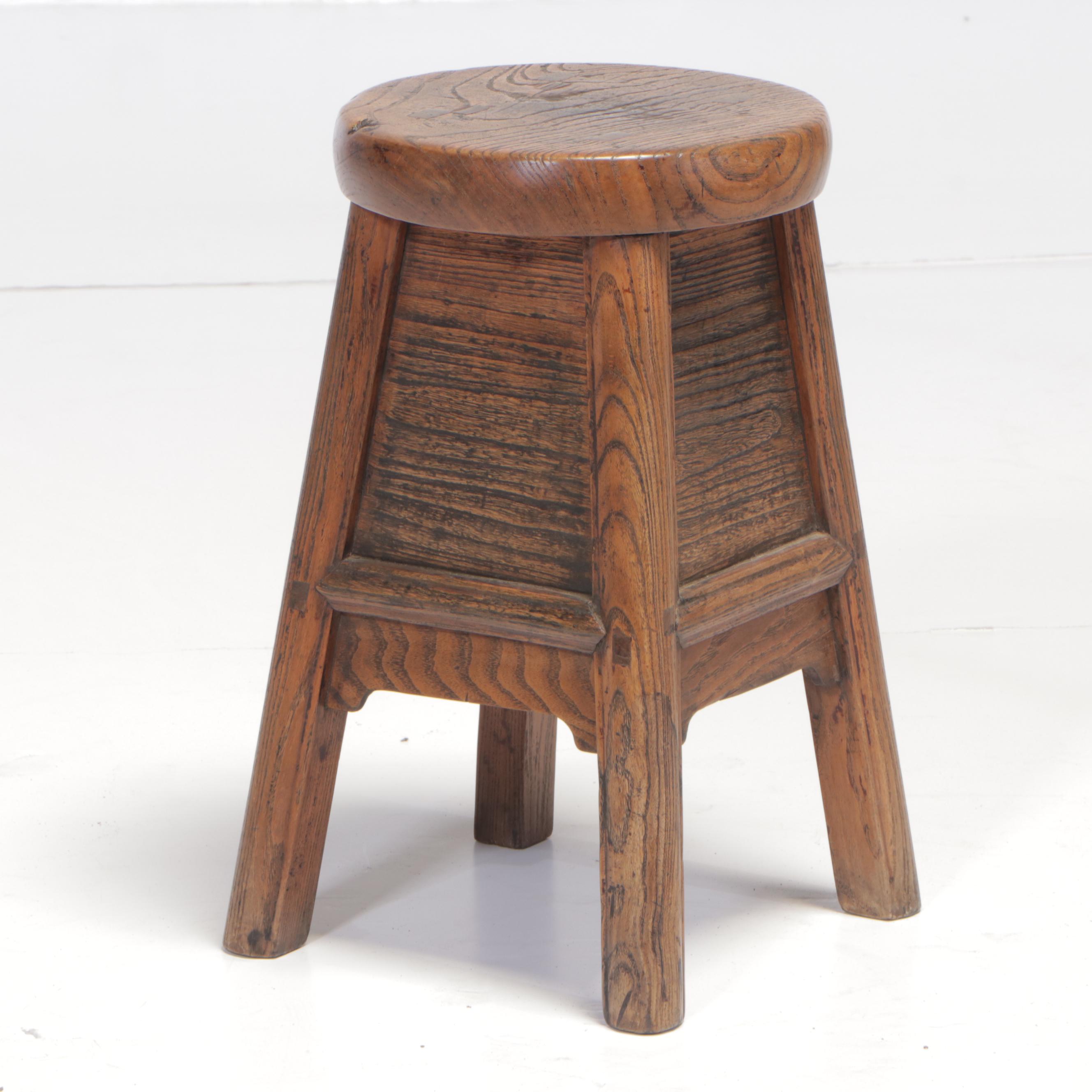 Chinese Elm Wood Merchant's Stool with Drawer, Mid-19th Century