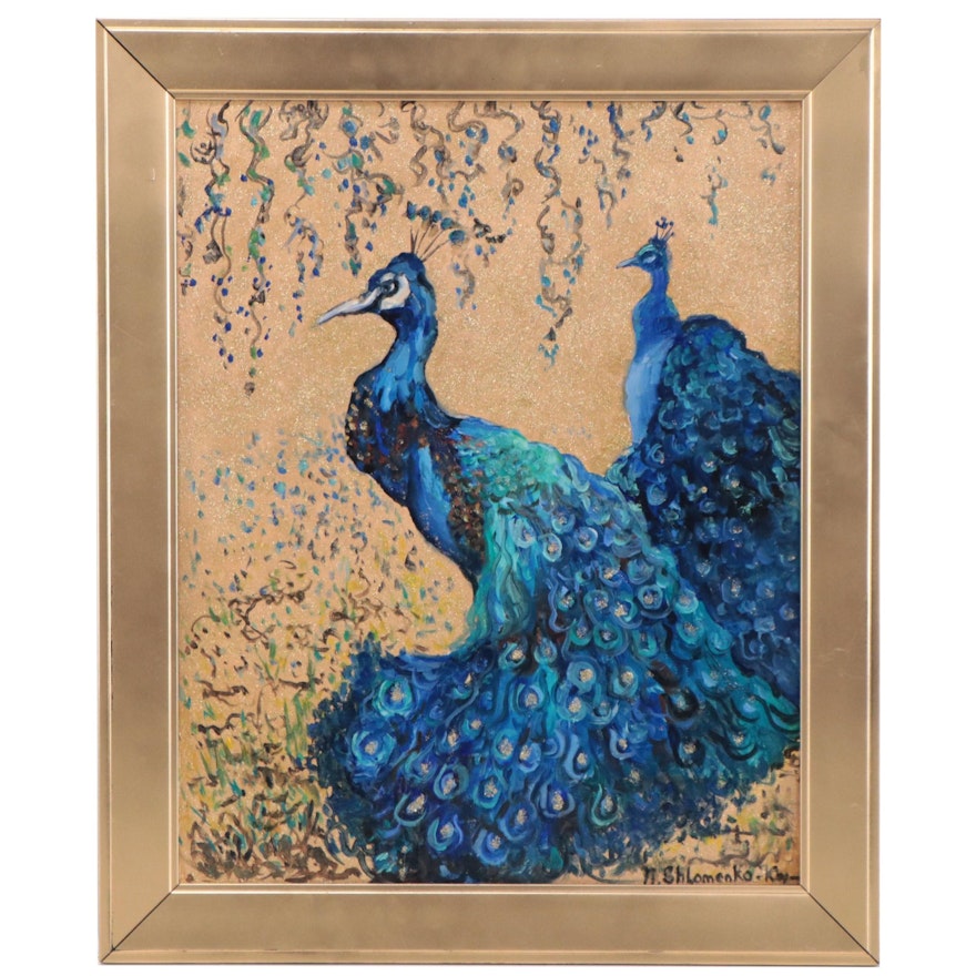Nataliya Shlomenko Oil Painting "Peacocks On A Golden Background," 2022