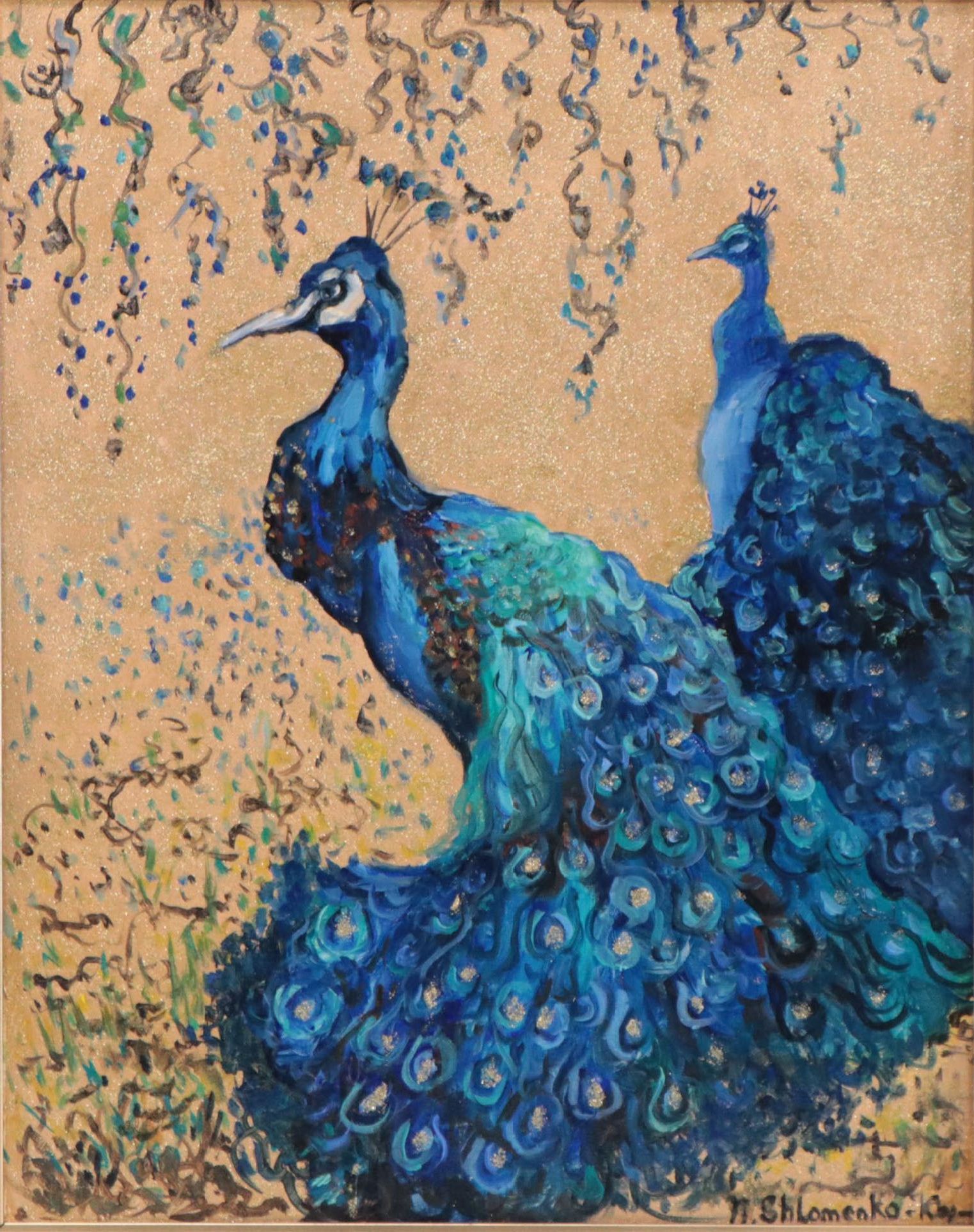 Nataliya Shlomenko Oil Painting "Peacocks On A Golden Background," 2022
