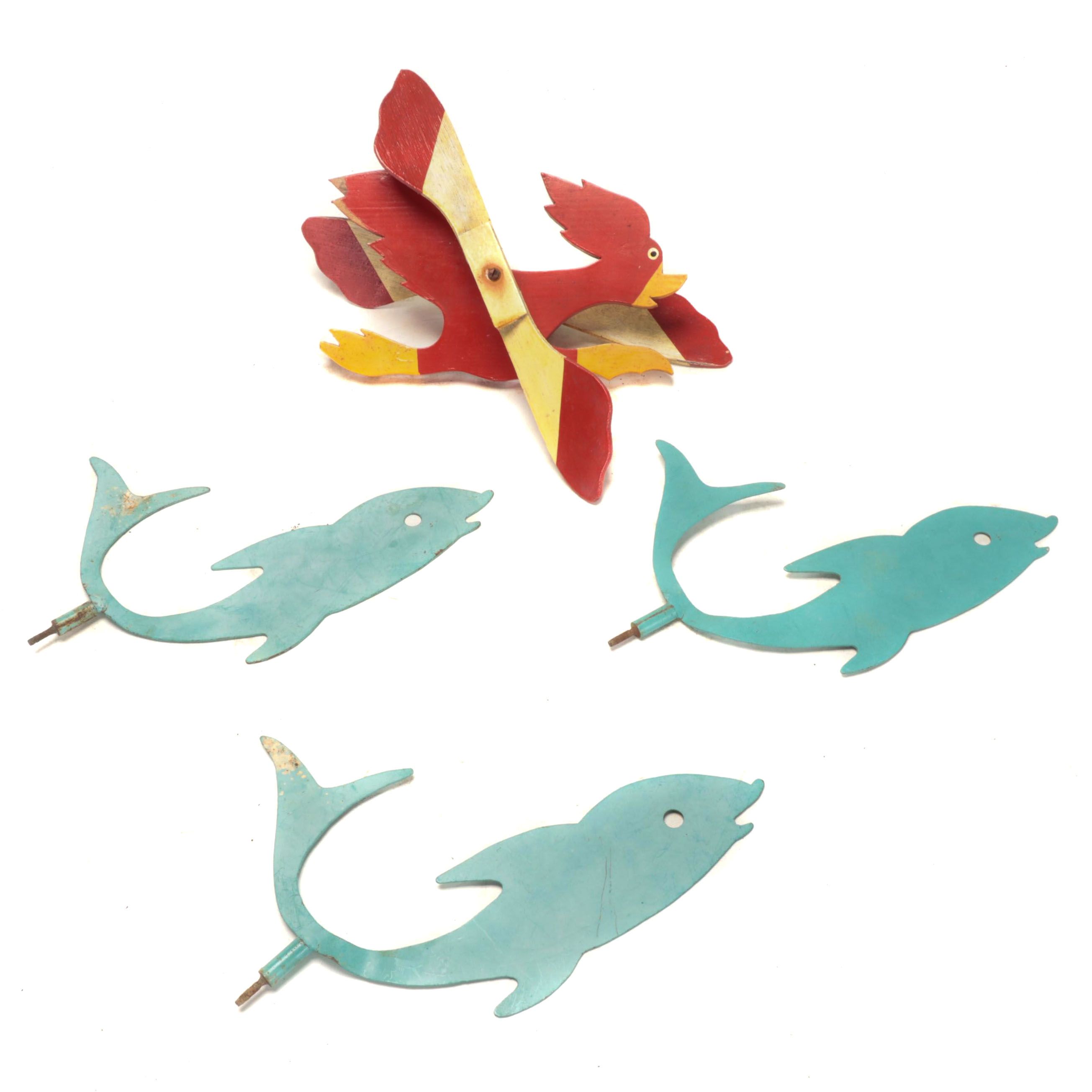 Painted Cutout Metal Dolphins with Kinetic Rooster