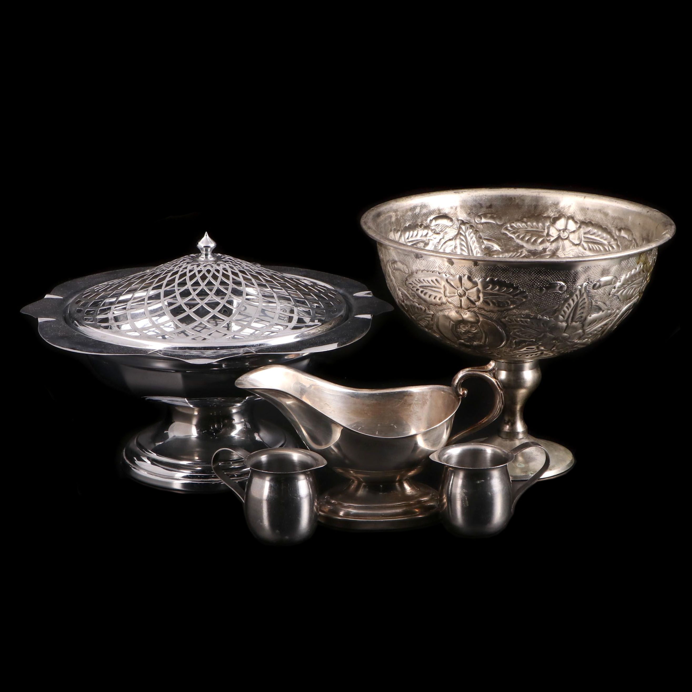 Silver Plate with Other Metal Compote, Centerpiece Bowl, Creamers and Gravy Boat