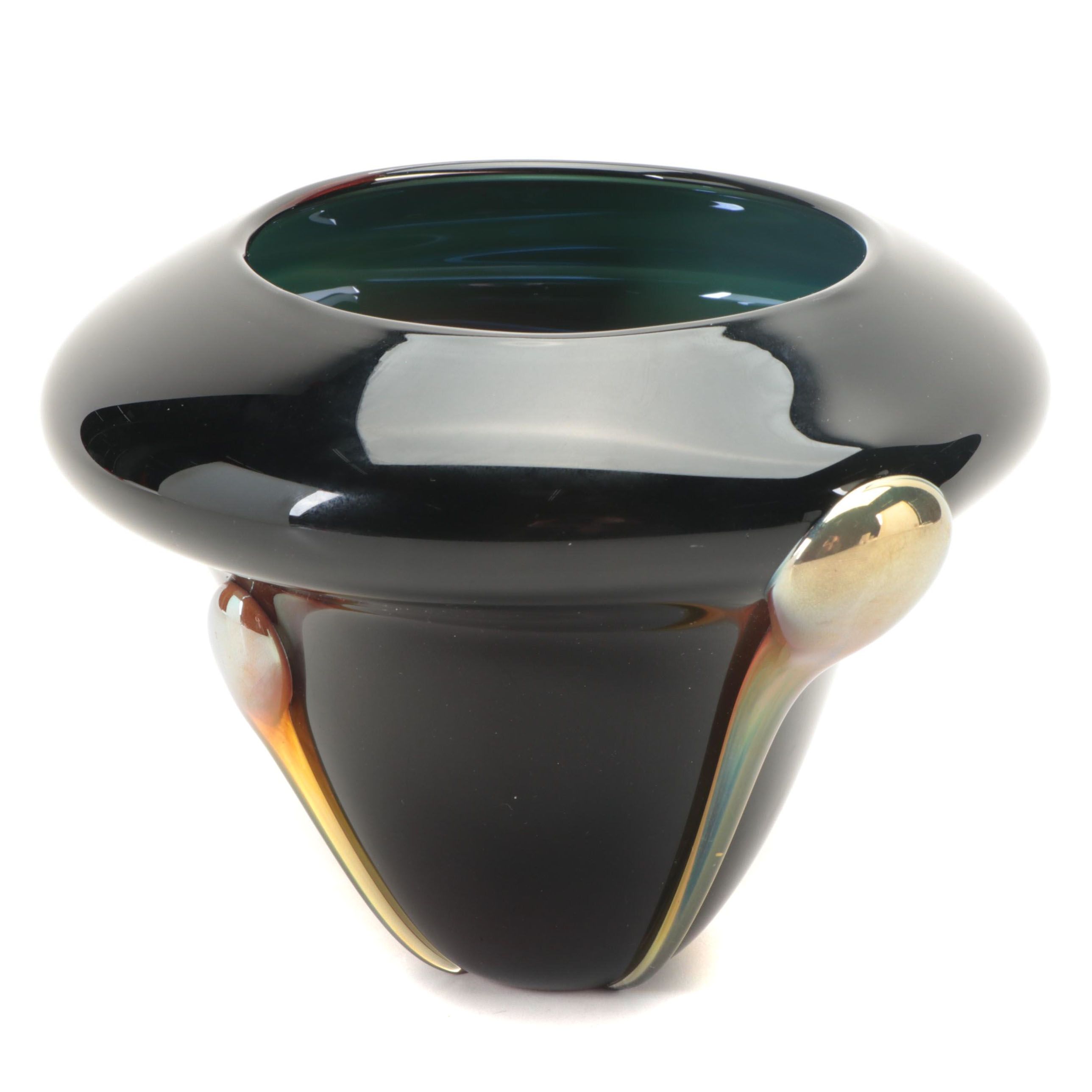 Artist Signed Blown Cased Black with Iridescent Applied Teardrops Art Glass Vase