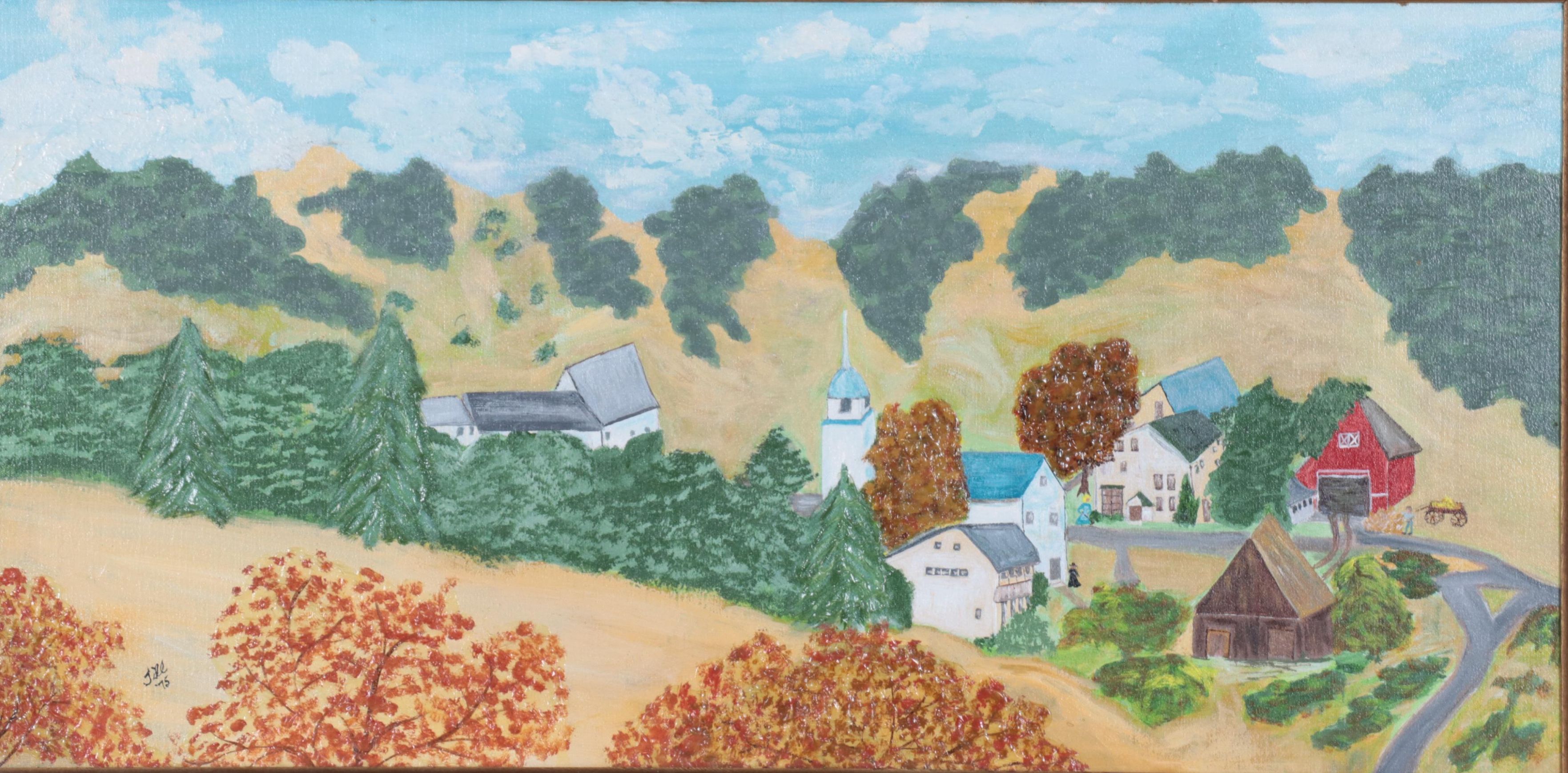 Folk Townscape Acrylic Painting, 1975