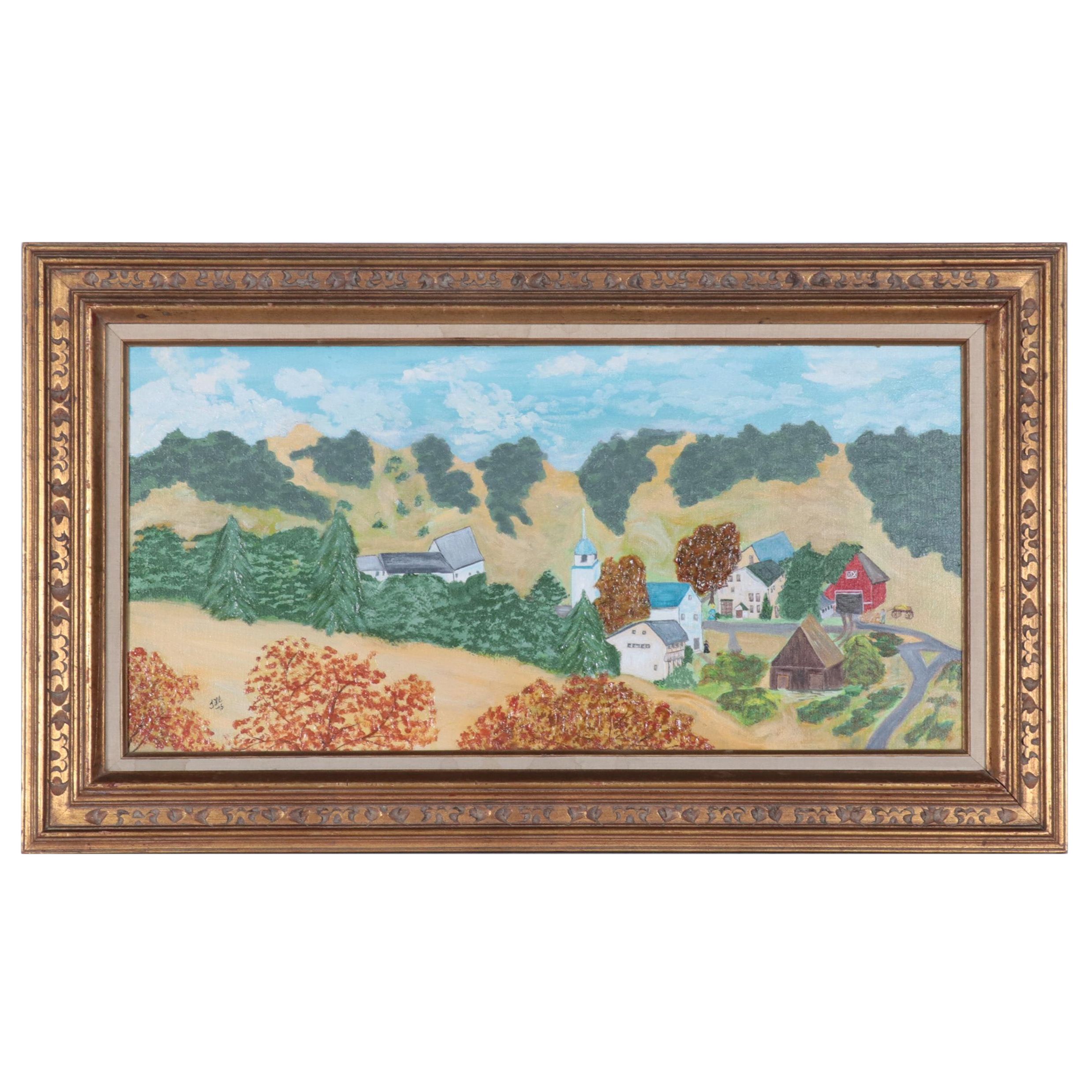 Folk Townscape Acrylic Painting, 1975