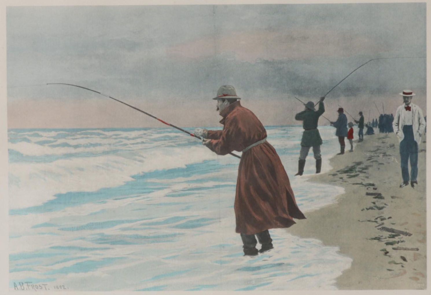 Surf Fishing Hand-Colored Halftone After Arthur B. Frost, Early 20th Century