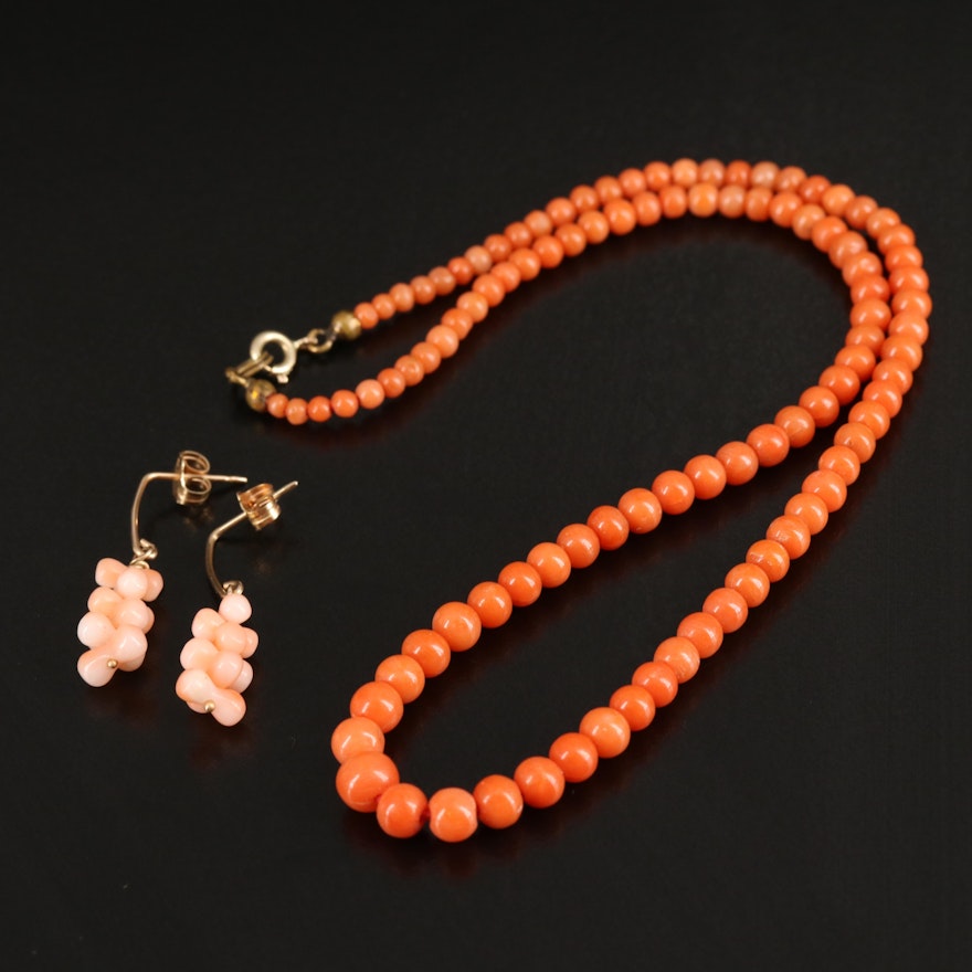14K Coral Earrings and Graduated Bead Necklace with Vintage Box