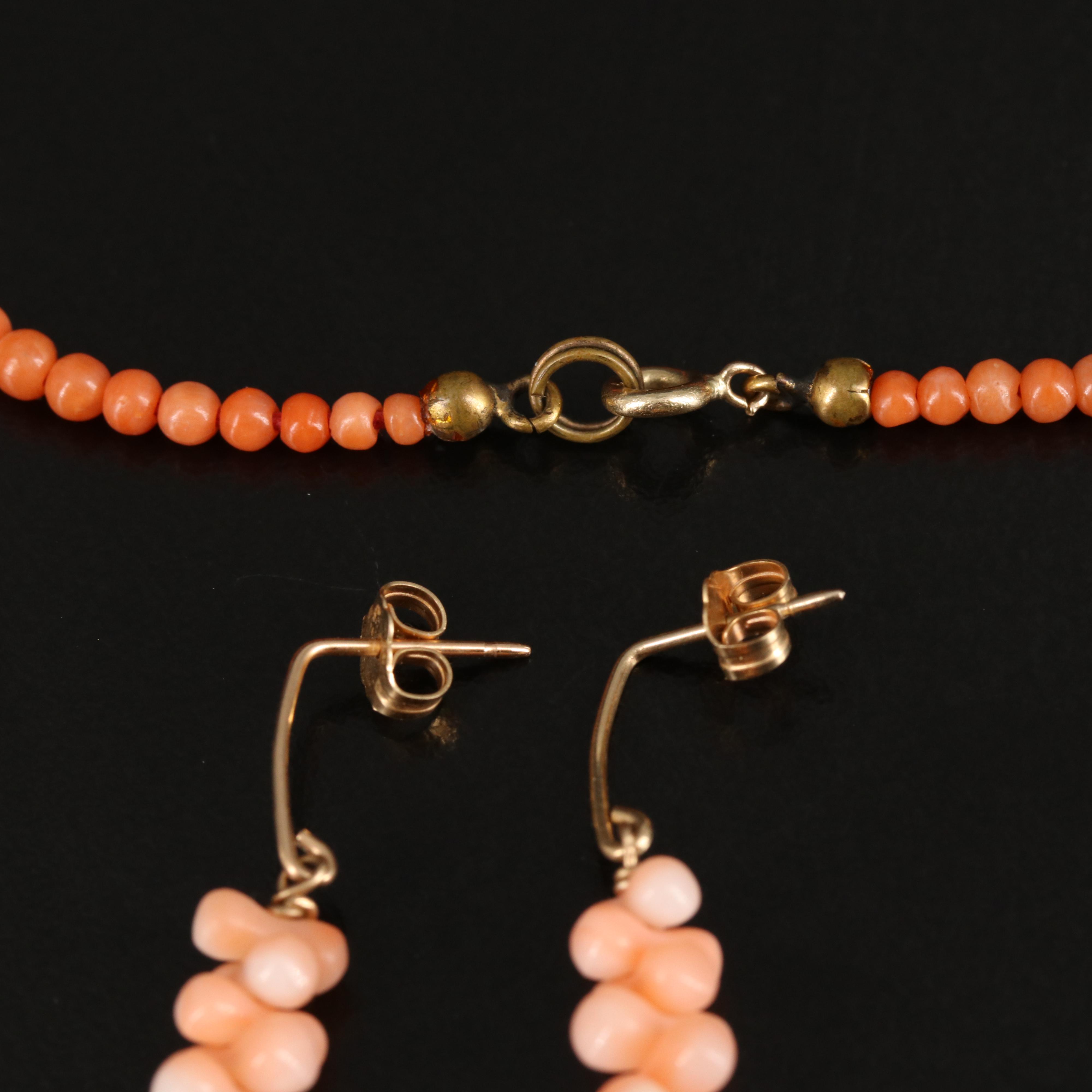 14K Coral Earrings and Graduated Bead Necklace with Vintage Box