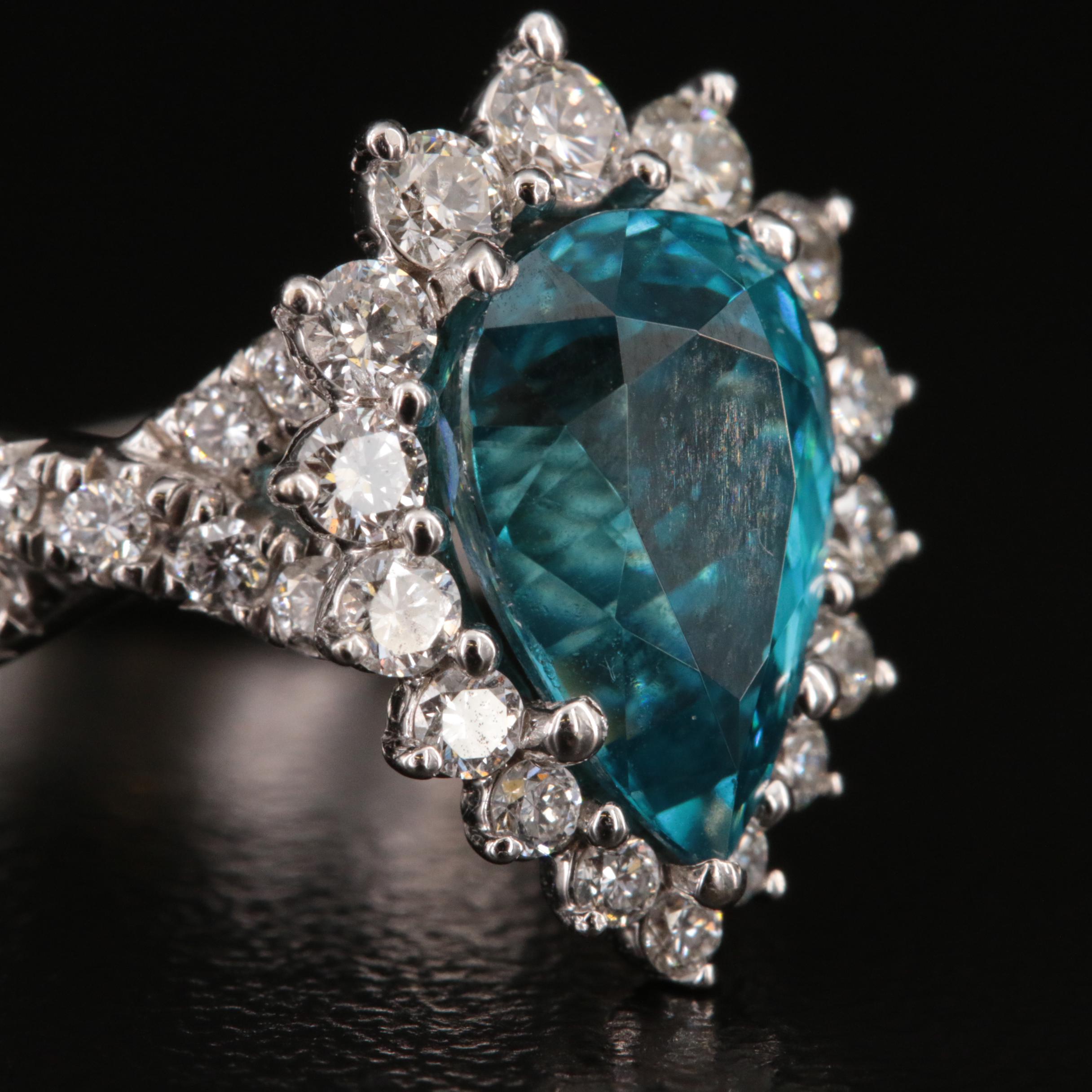 14K Blue Zircon and Diamond Halo Ring