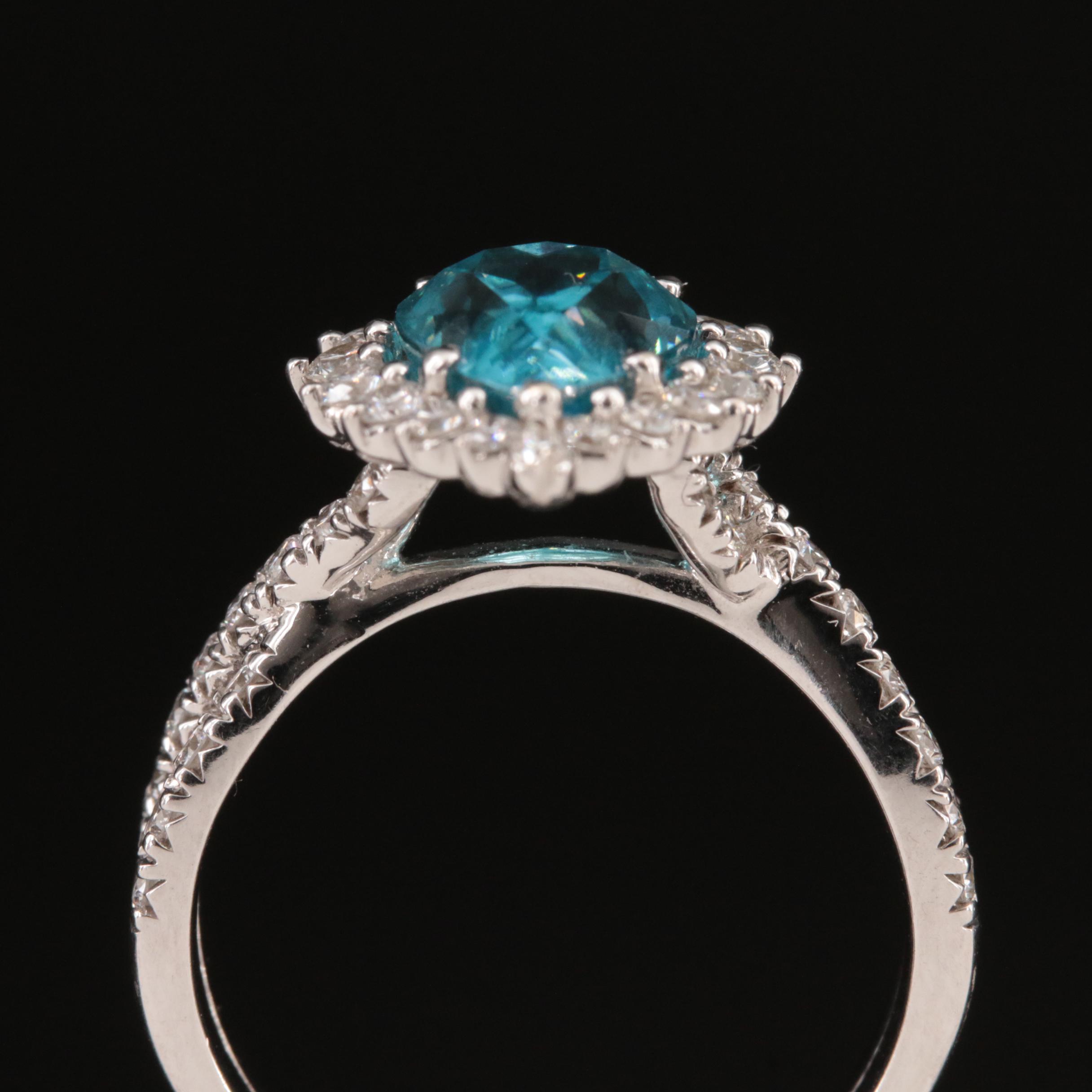 14K Blue Zircon and Diamond Halo Ring