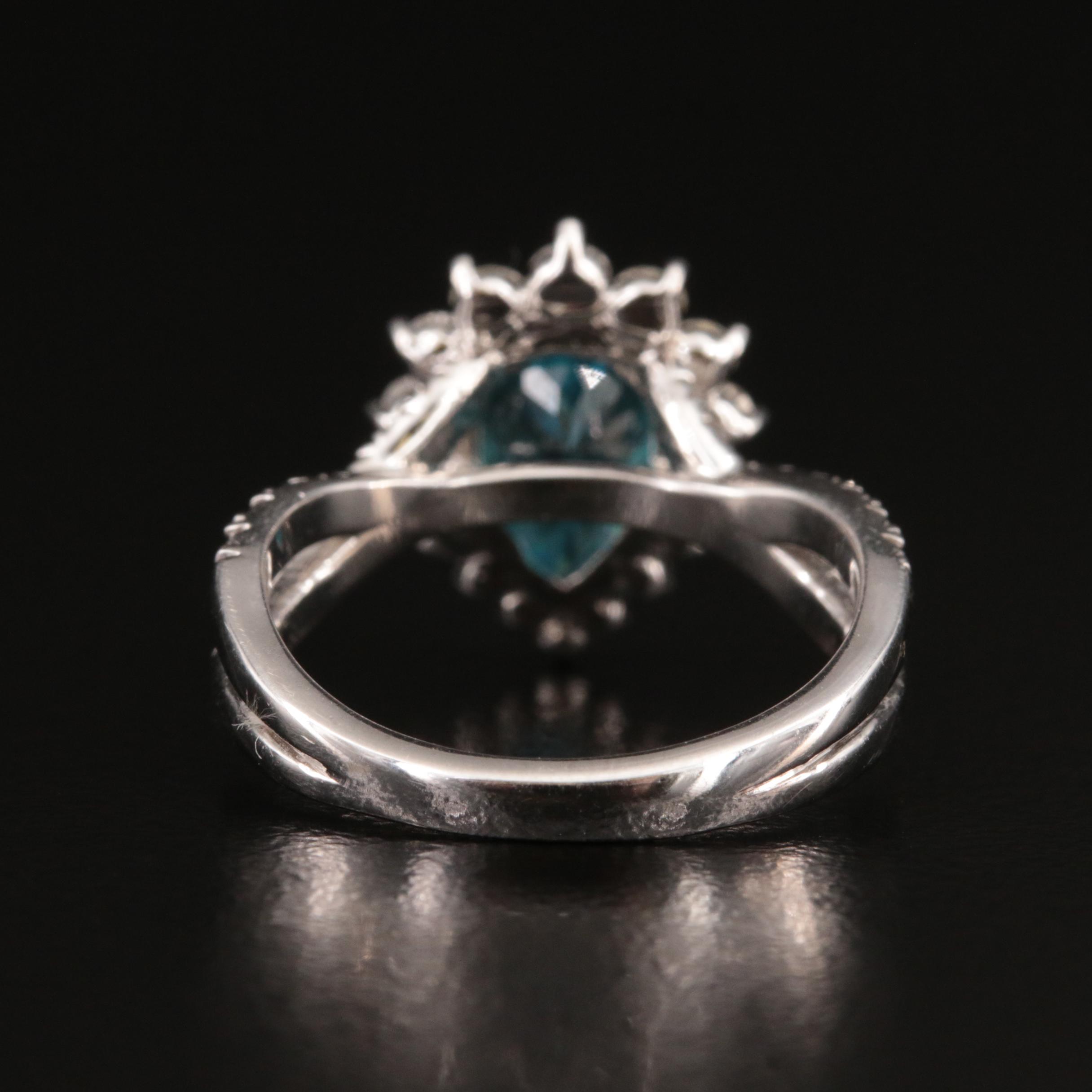 14K Blue Zircon and Diamond Halo Ring