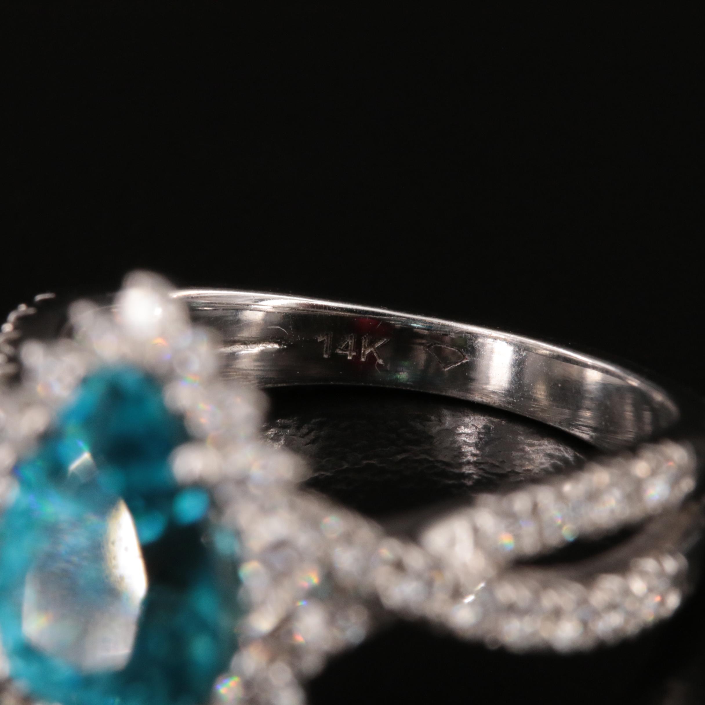 14K Blue Zircon and Diamond Halo Ring