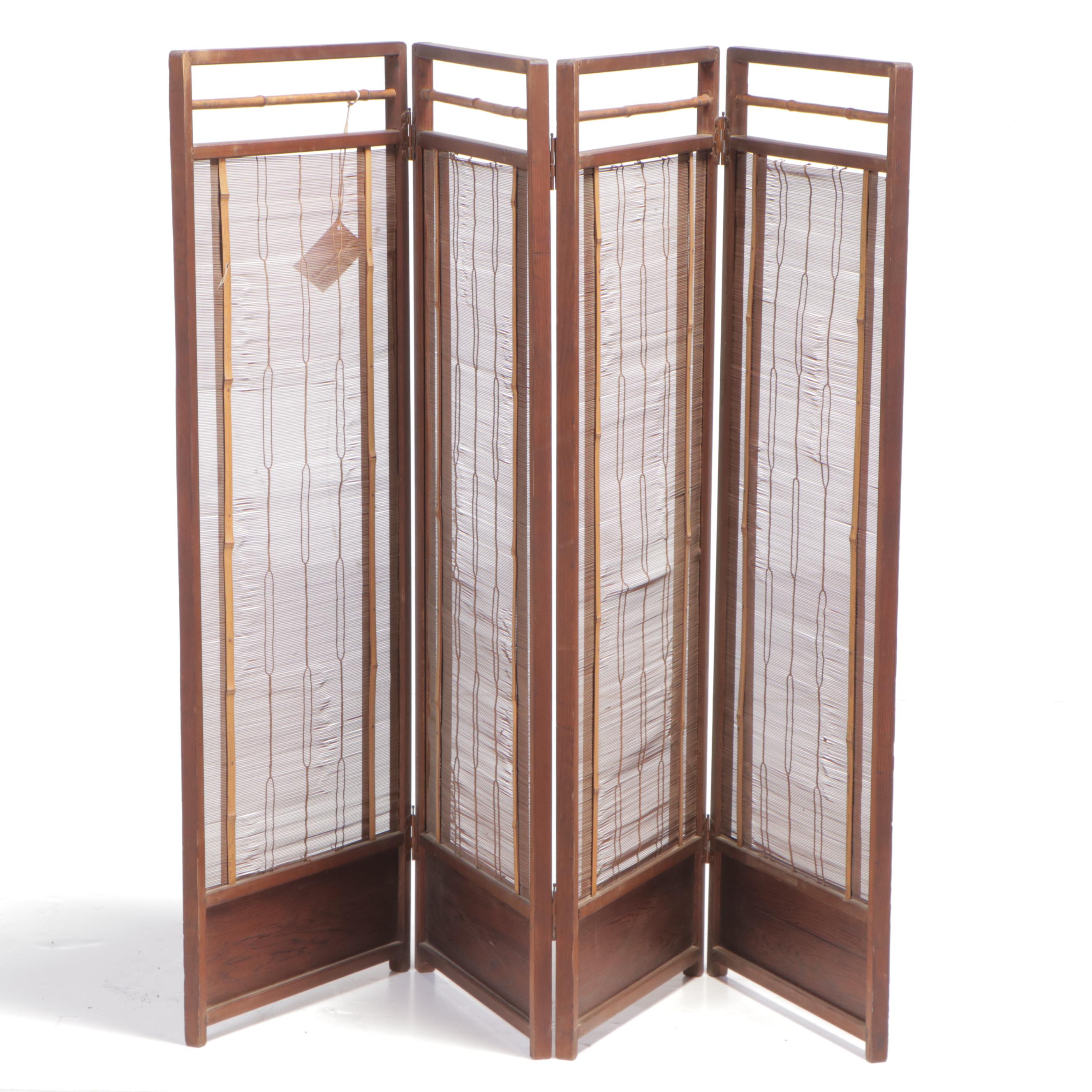 Japanese Wood, Bamboo and Reed Four-Panel Folding Screen, Late 19th Century