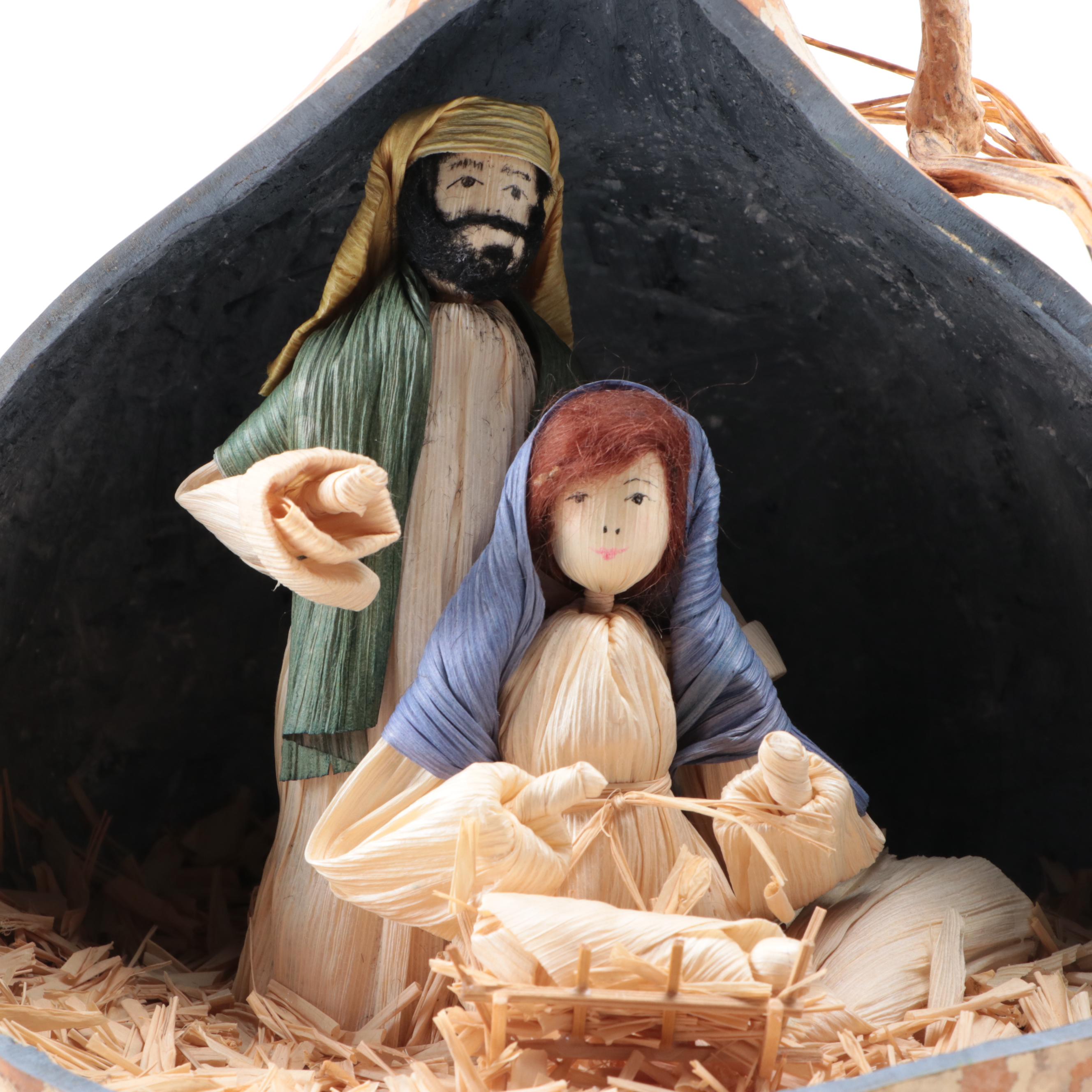 Gourd Christmas Nativity Scene with Corn Husk Figurines