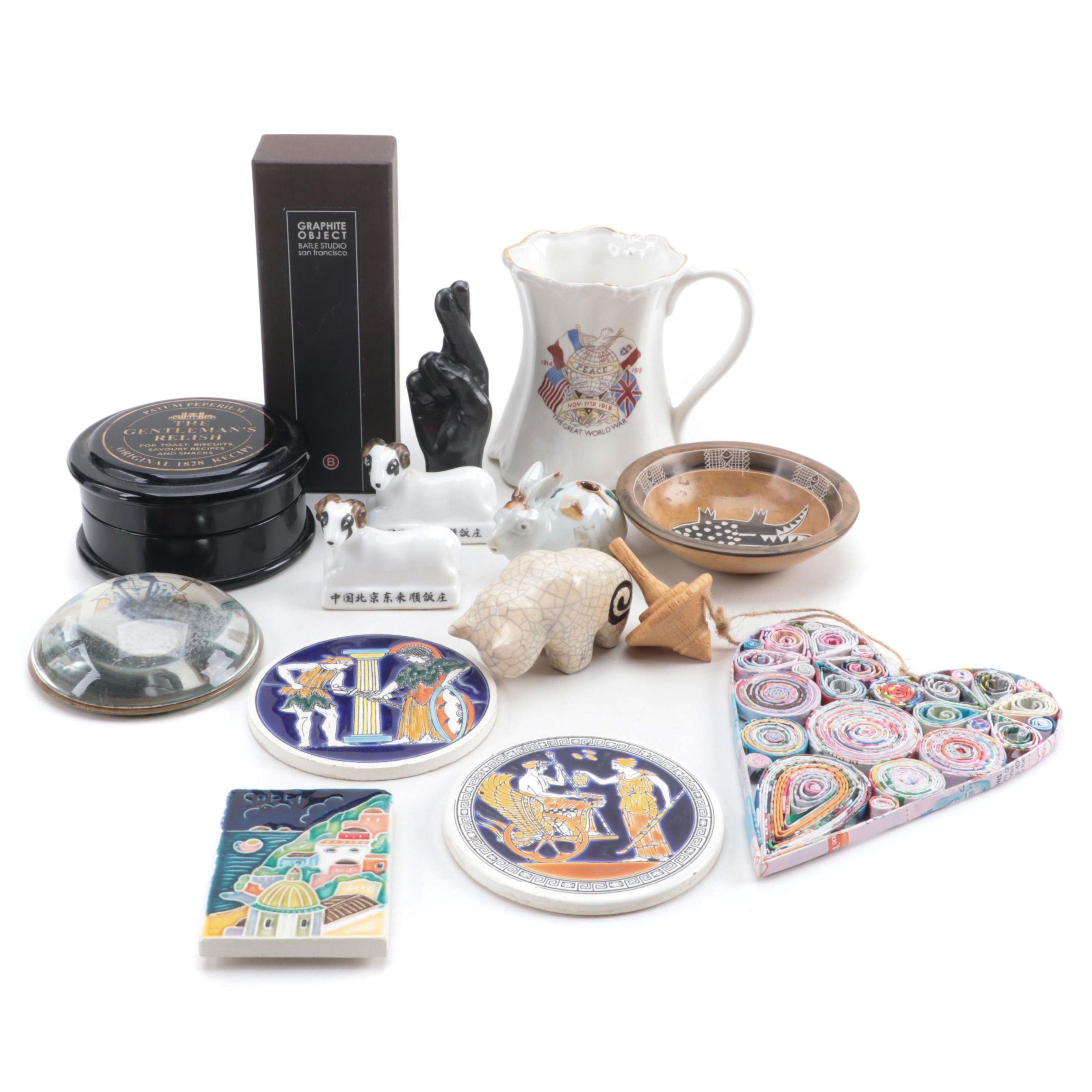 Nigel Pain Cast Glass Paperweight with English Advertising Tin and Other Décor