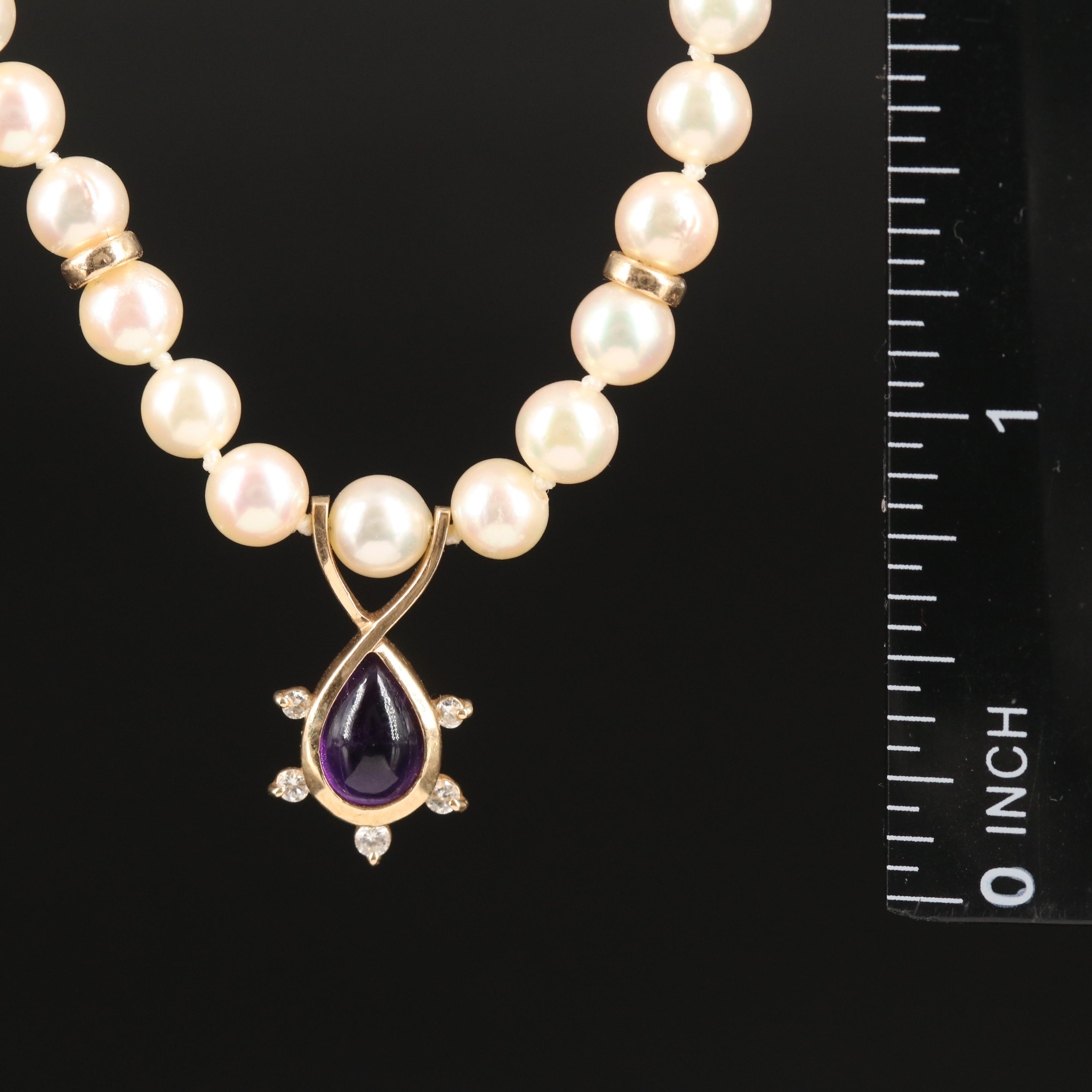 14K Pearl Necklace with Amethyst and Diamond Pendant
