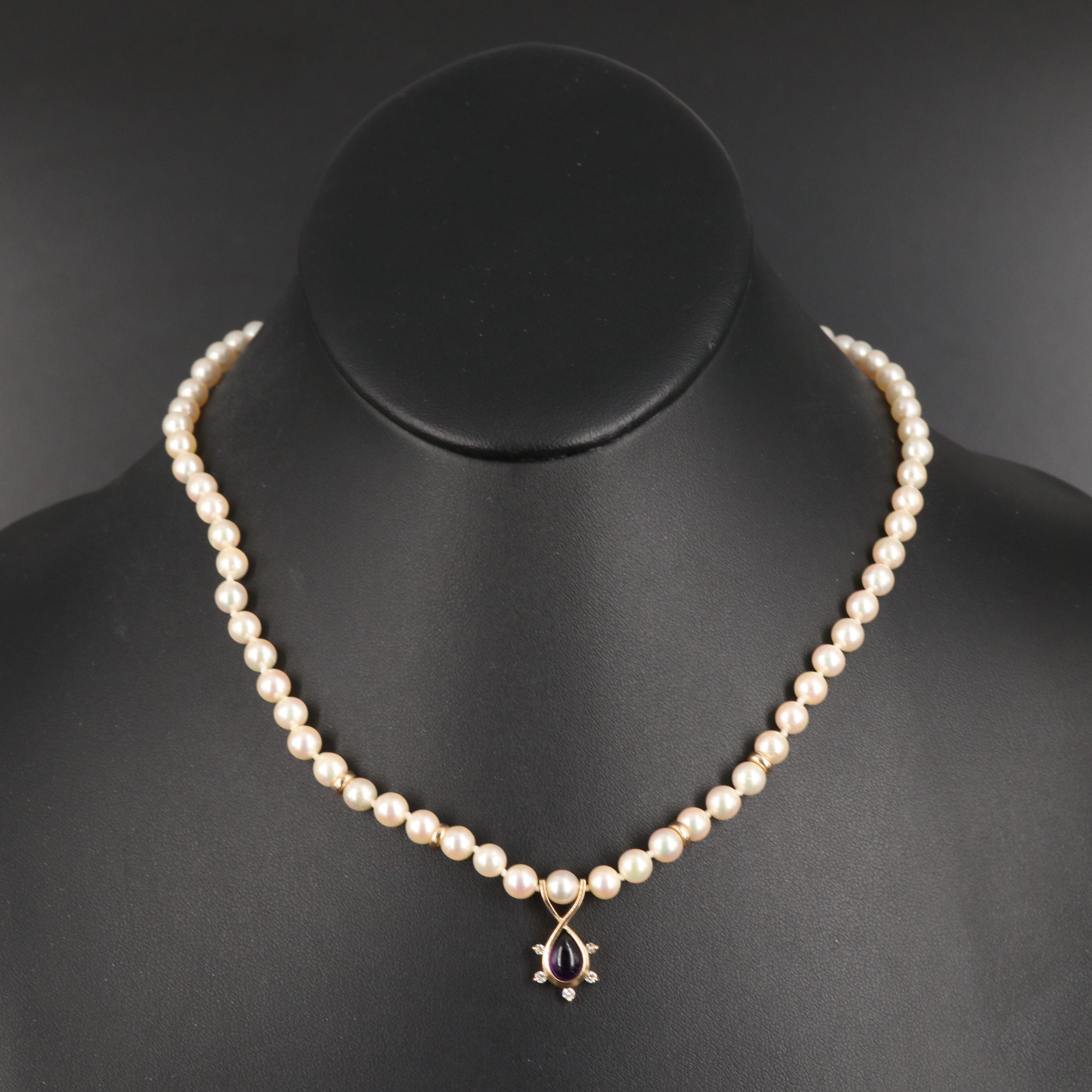 14K Pearl Necklace with Amethyst and Diamond Pendant
