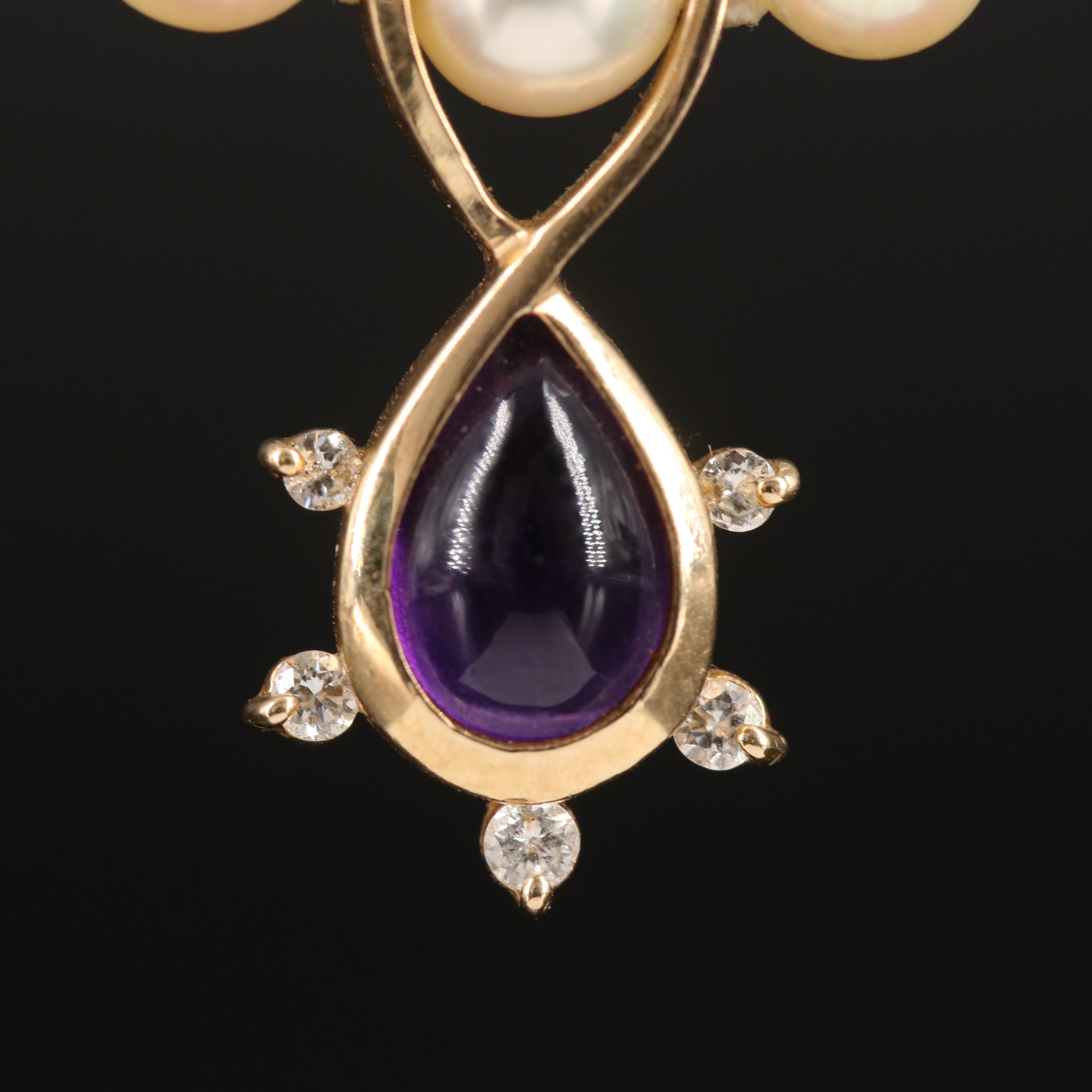 14K Pearl Necklace with Amethyst and Diamond Pendant