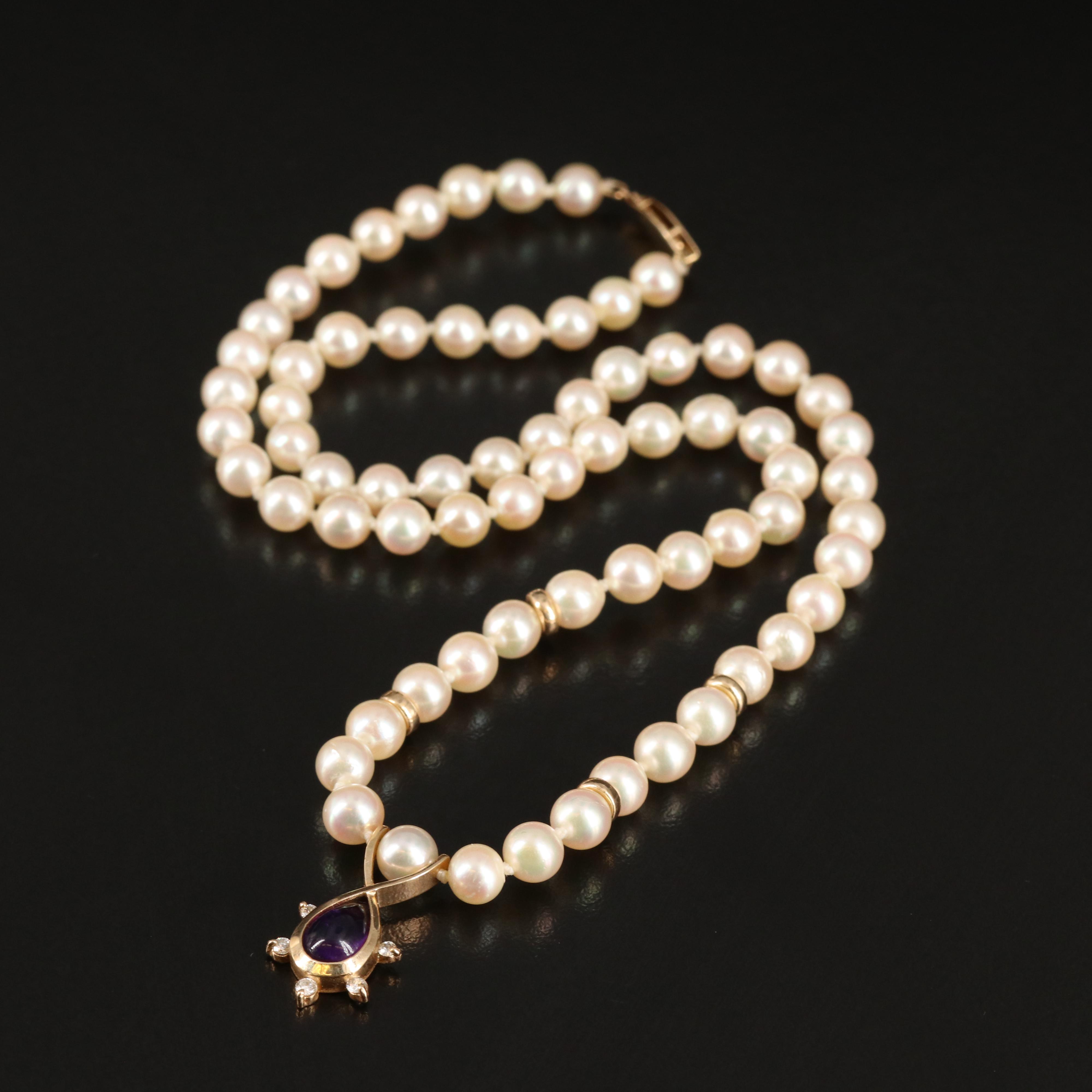 14K Pearl Necklace with Amethyst and Diamond Pendant