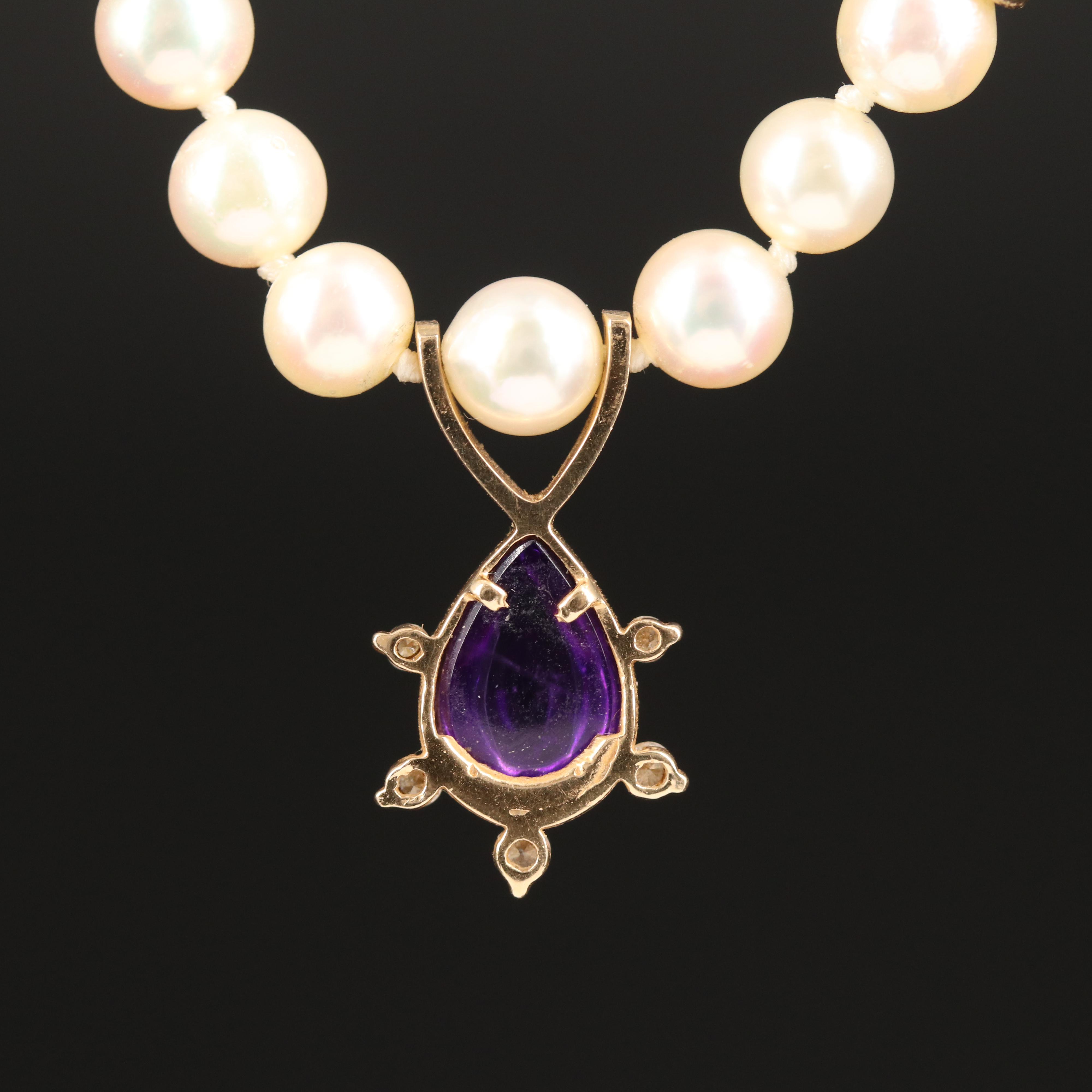 14K Pearl Necklace with Amethyst and Diamond Pendant